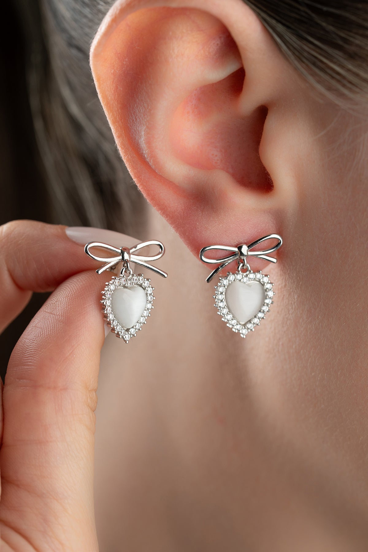 Silver Bow Heart Drop Earrings