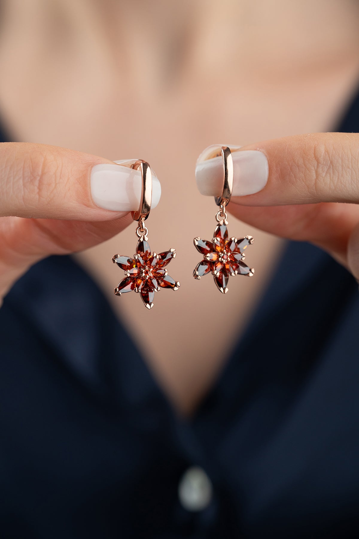 Garnet Star Flower Drop Earrings