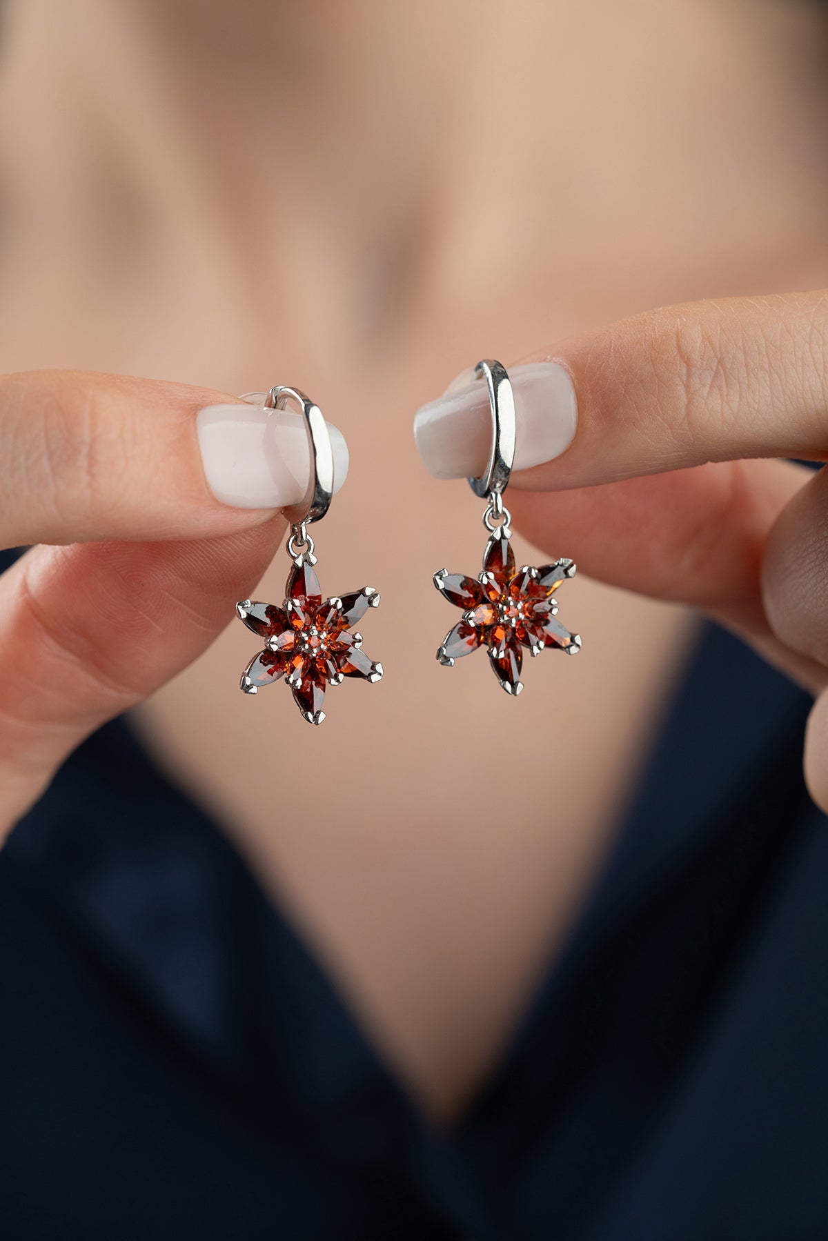 Garnet Star Flower Drop Earrings