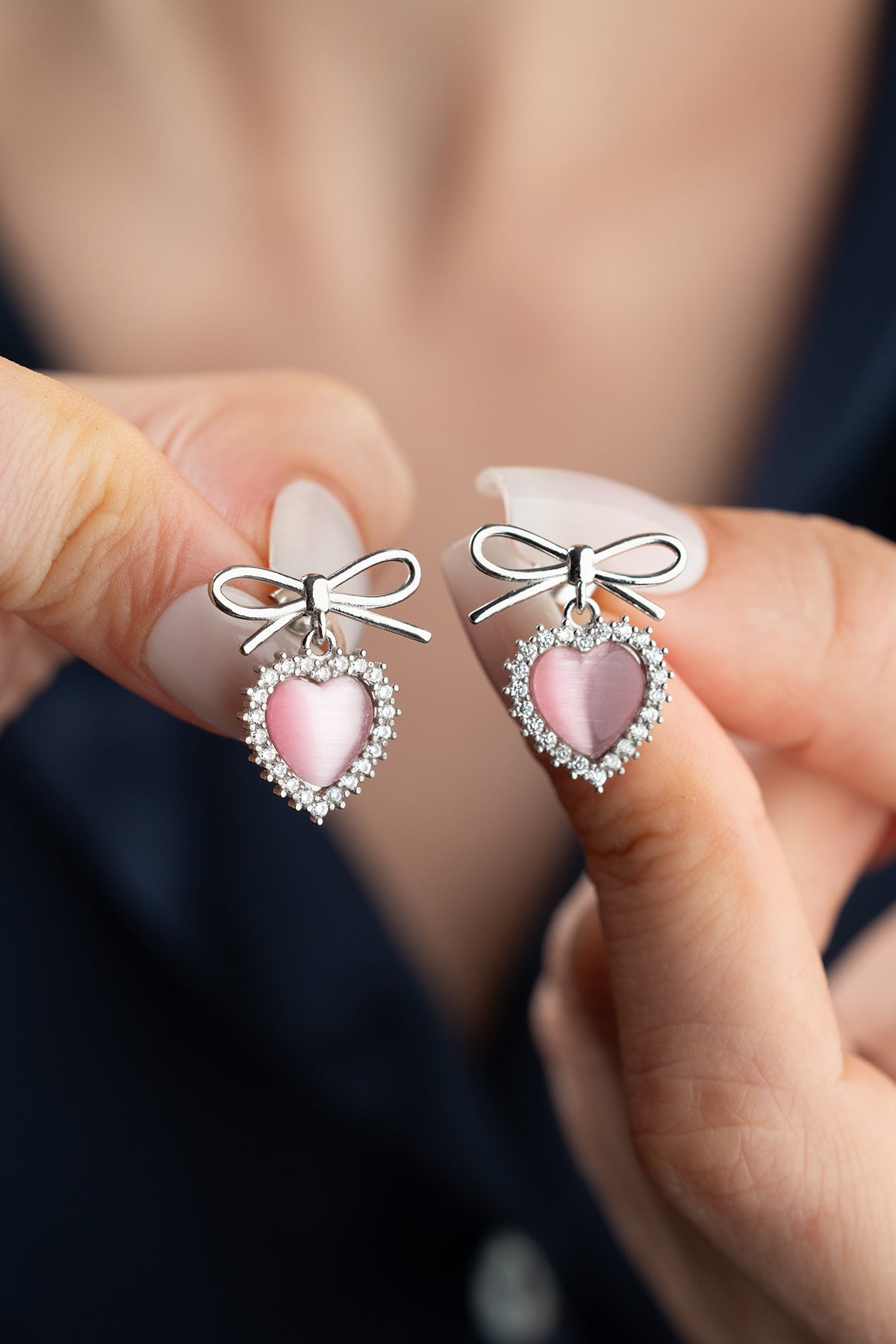 Pink Heart Bow Drop Earrings
