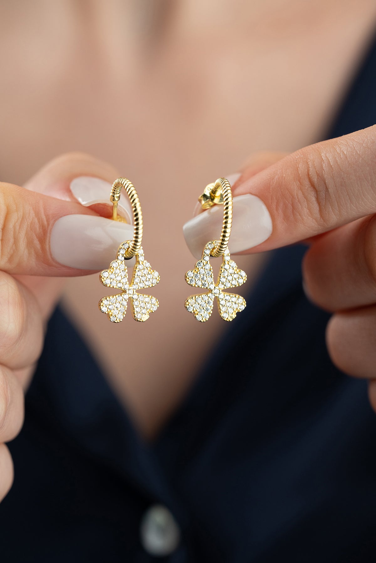 Pave Clover Drop Hoop Earrings