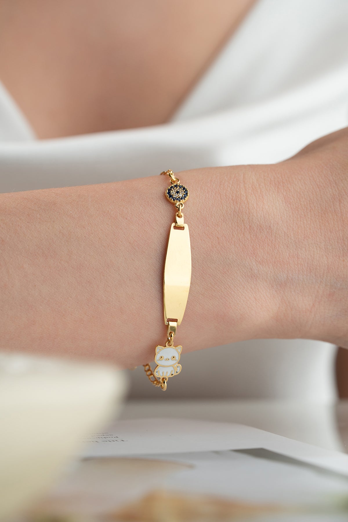 Custom Kids Name Bracelet with Cat Charm