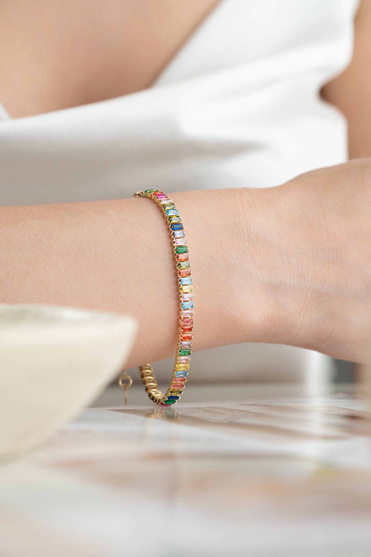 Rainbow Baguette Tennis Bracelet in Gold