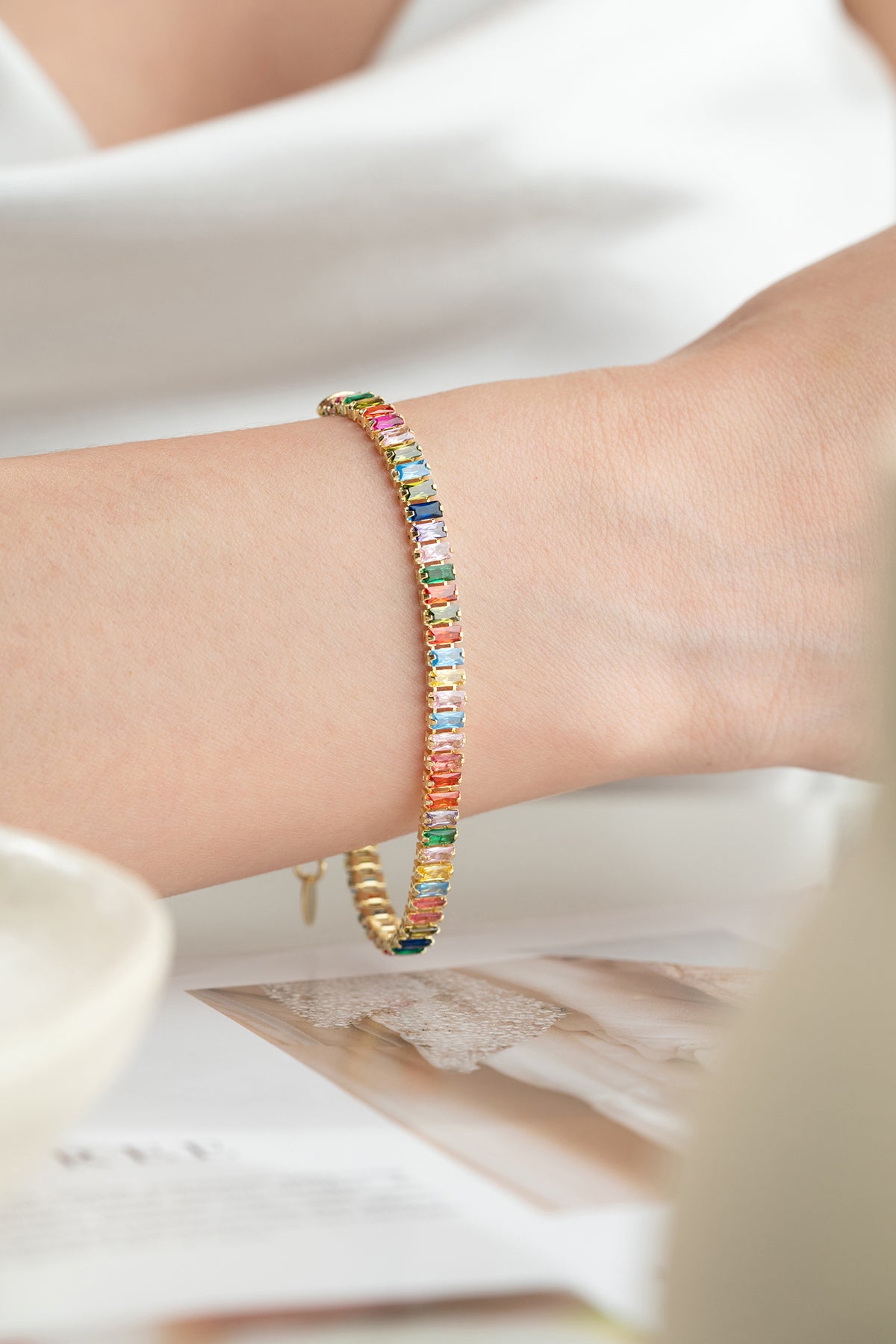 Rainbow Baguette Tennis Bracelet in Gold