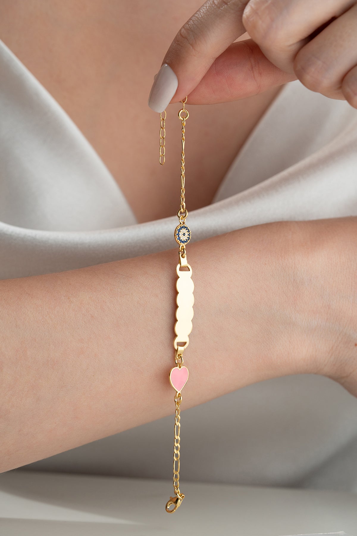 Custom Name Bracelet with Pink Heart Charm