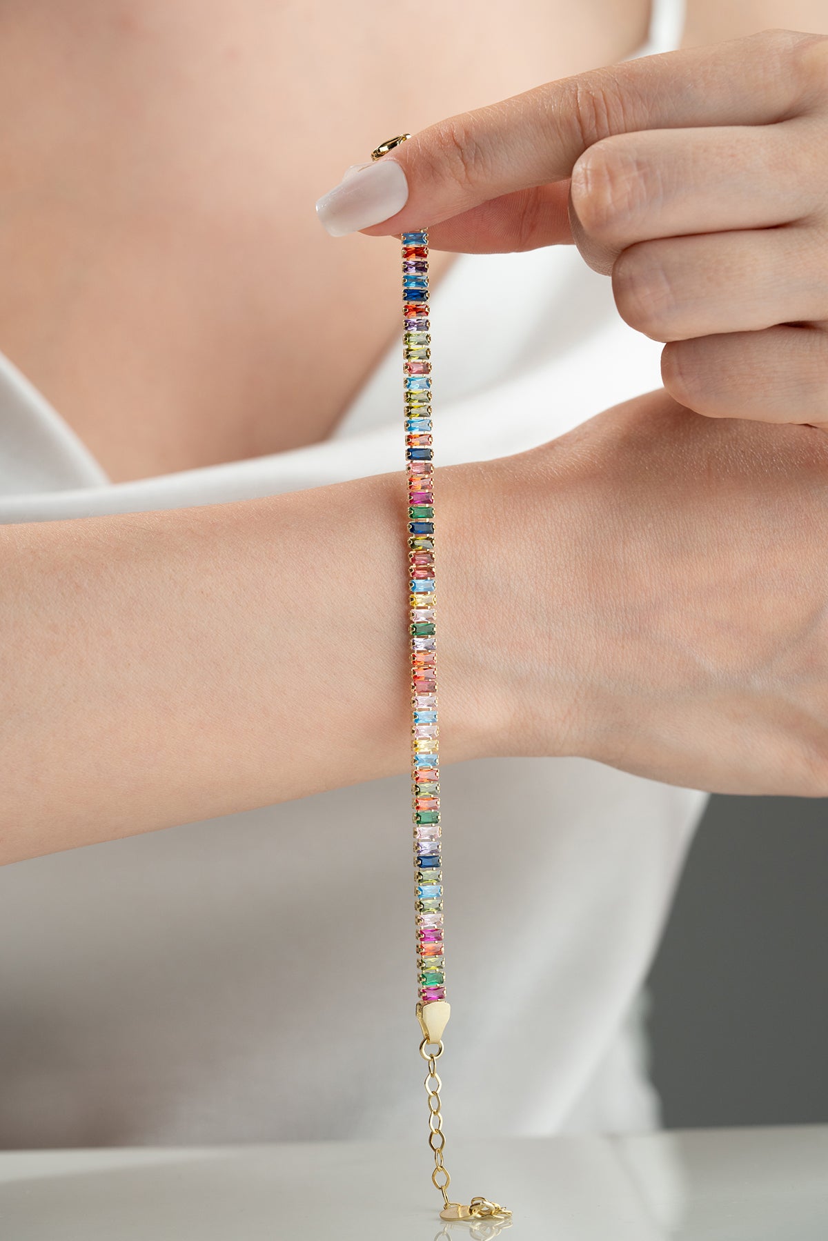 Rainbow Baguette Tennis Bracelet in Gold
