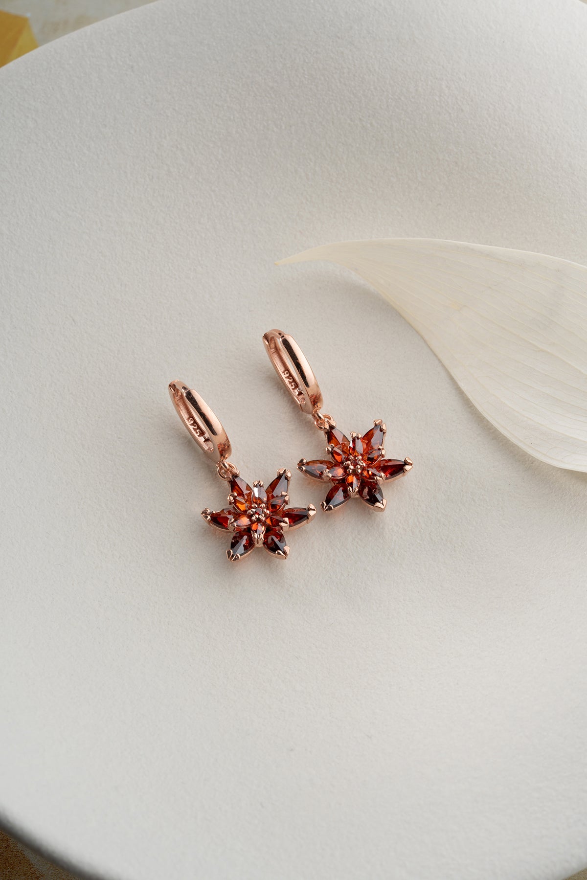 Garnet Star Flower Drop Earrings