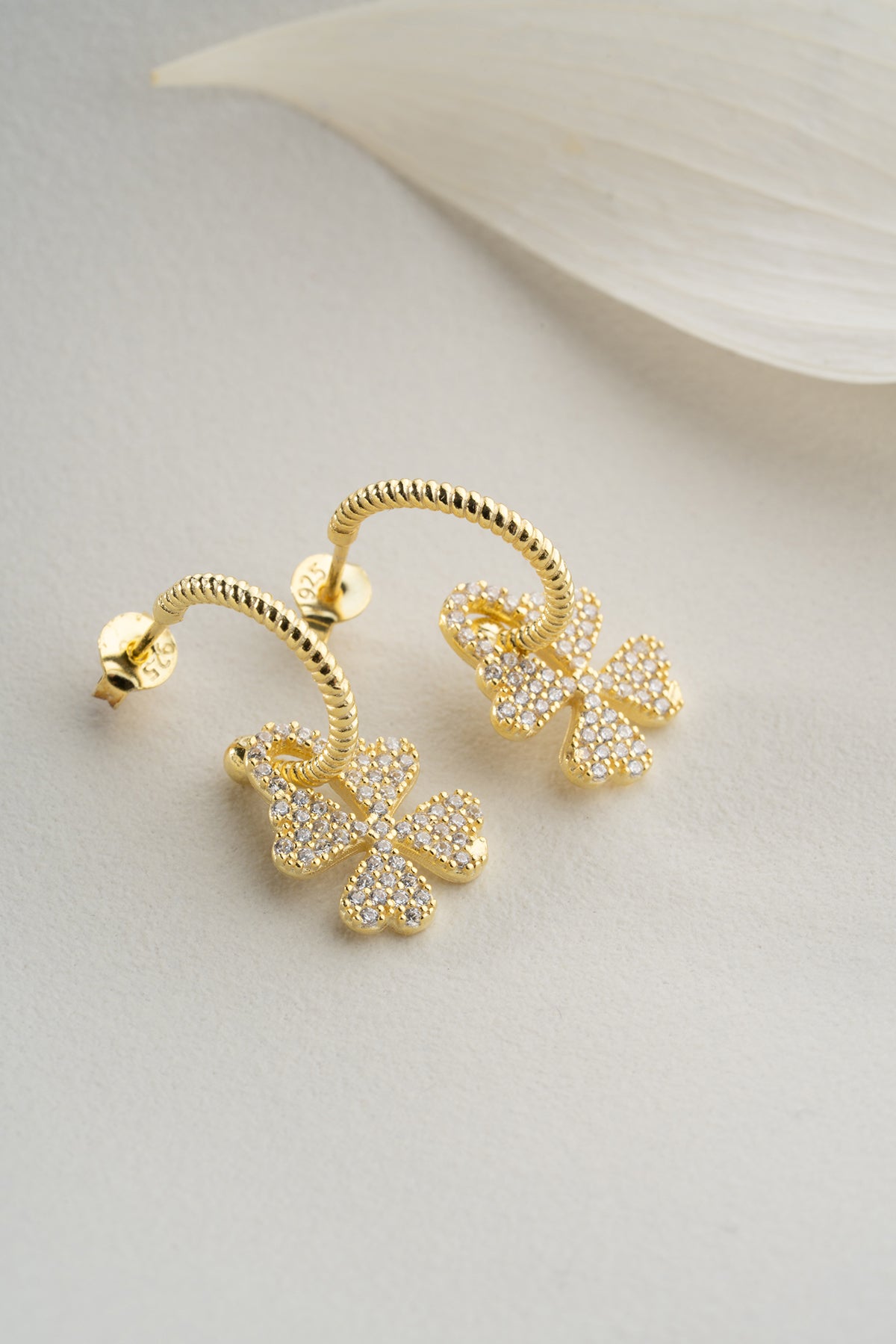 Pave Clover Drop Hoop Earrings