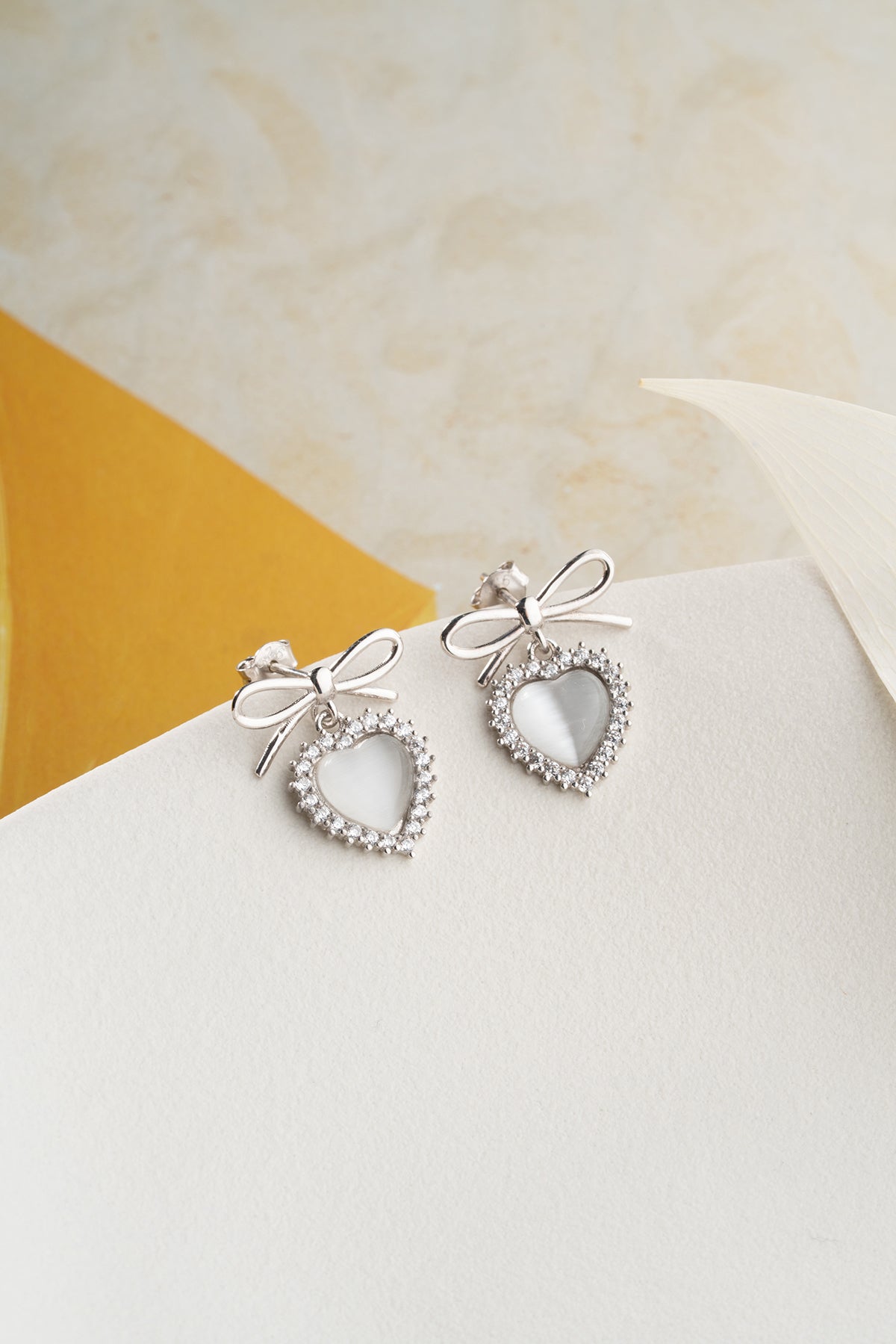 Silver Bow Heart Drop Earrings