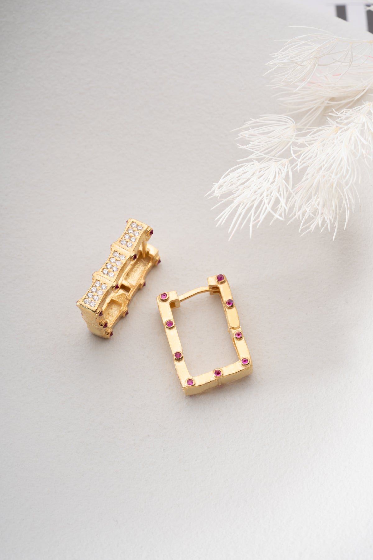 Pave Rectangle Drop Earrings with Ruby Accents