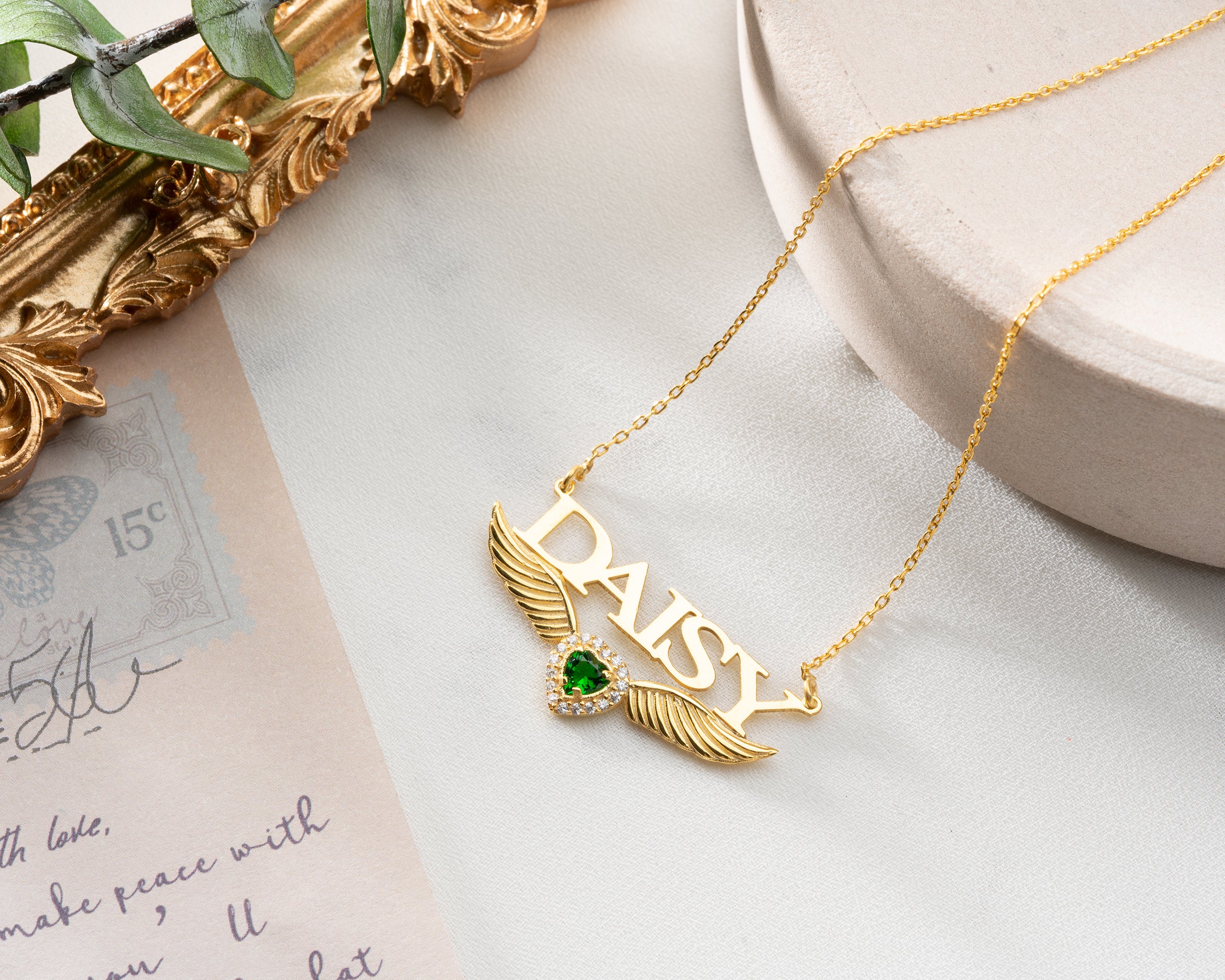 Custom Name Necklace with Angel Wings and Birthstone