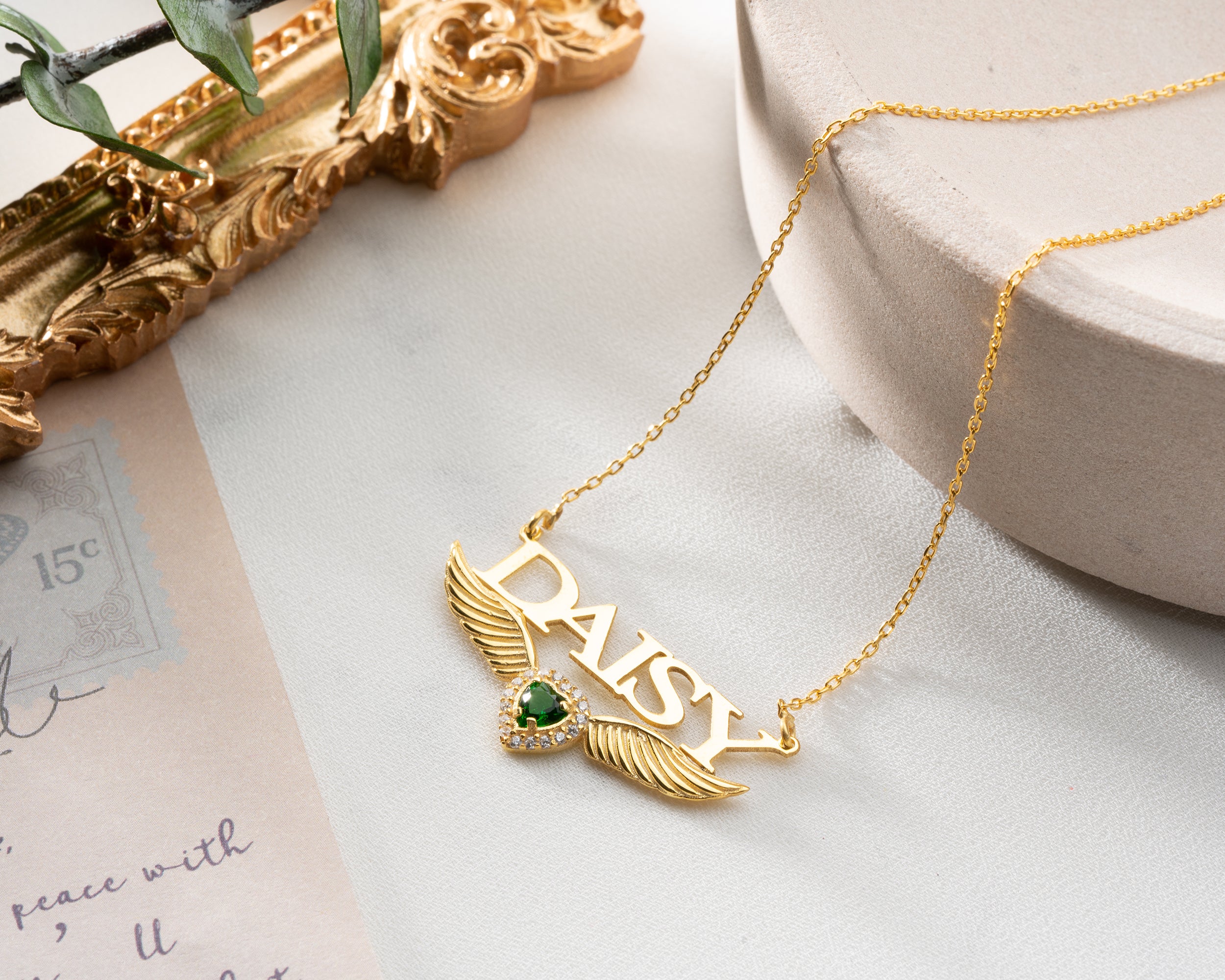 Custom Name Necklace with Angel Wings and Birthstone