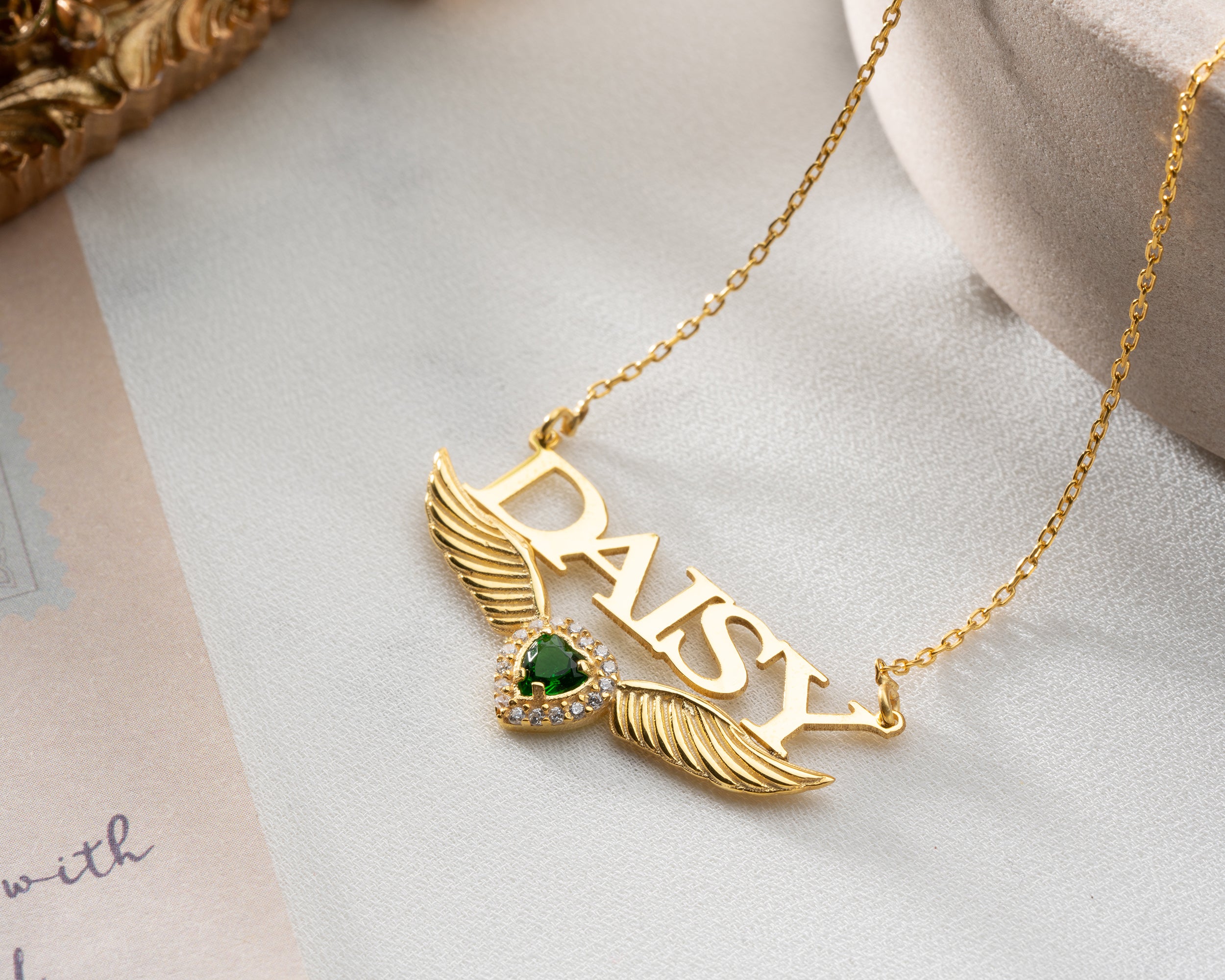 Custom Name Necklace with Angel Wings and Birthstone