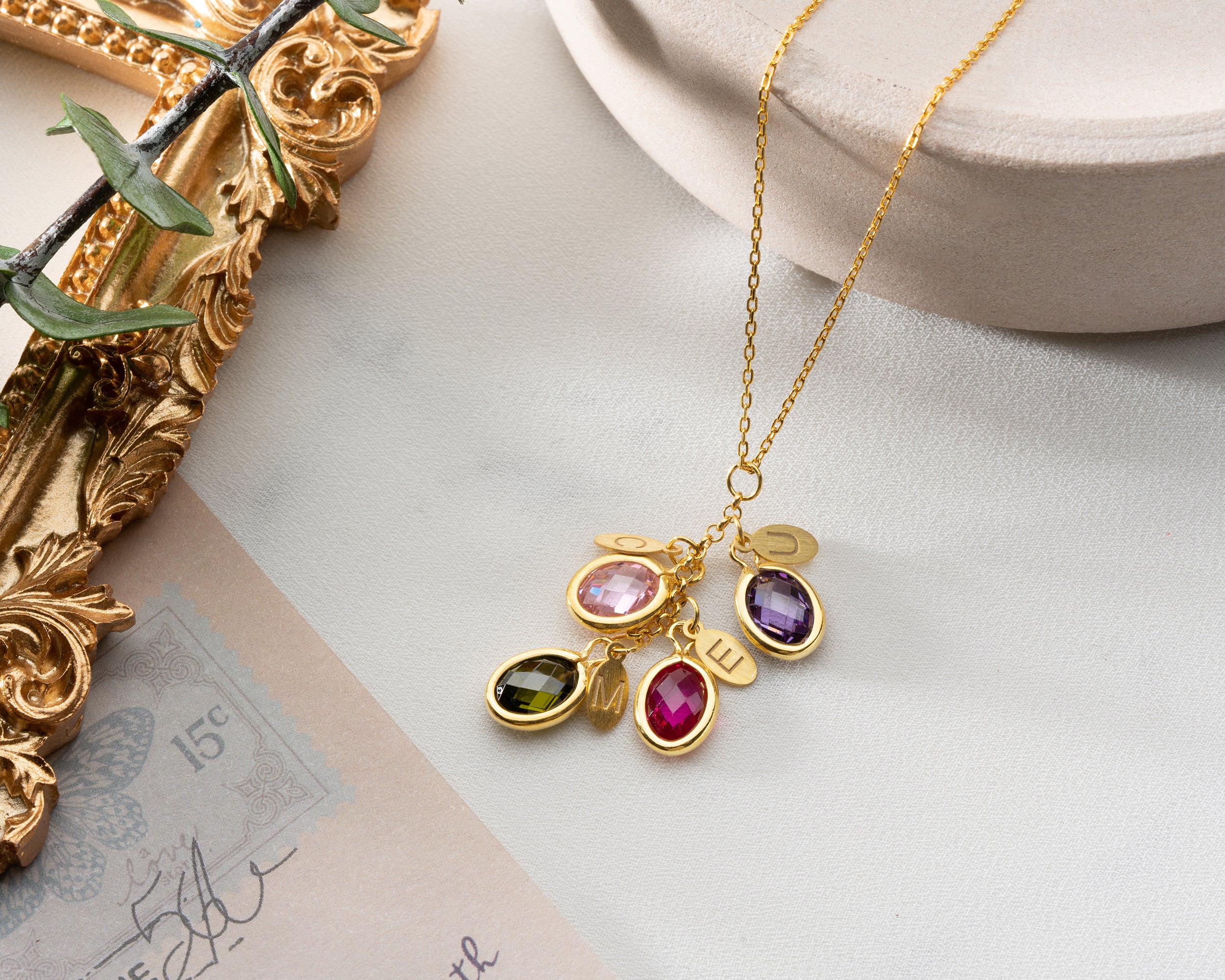 Custom Birthstone Initial Charm Necklace