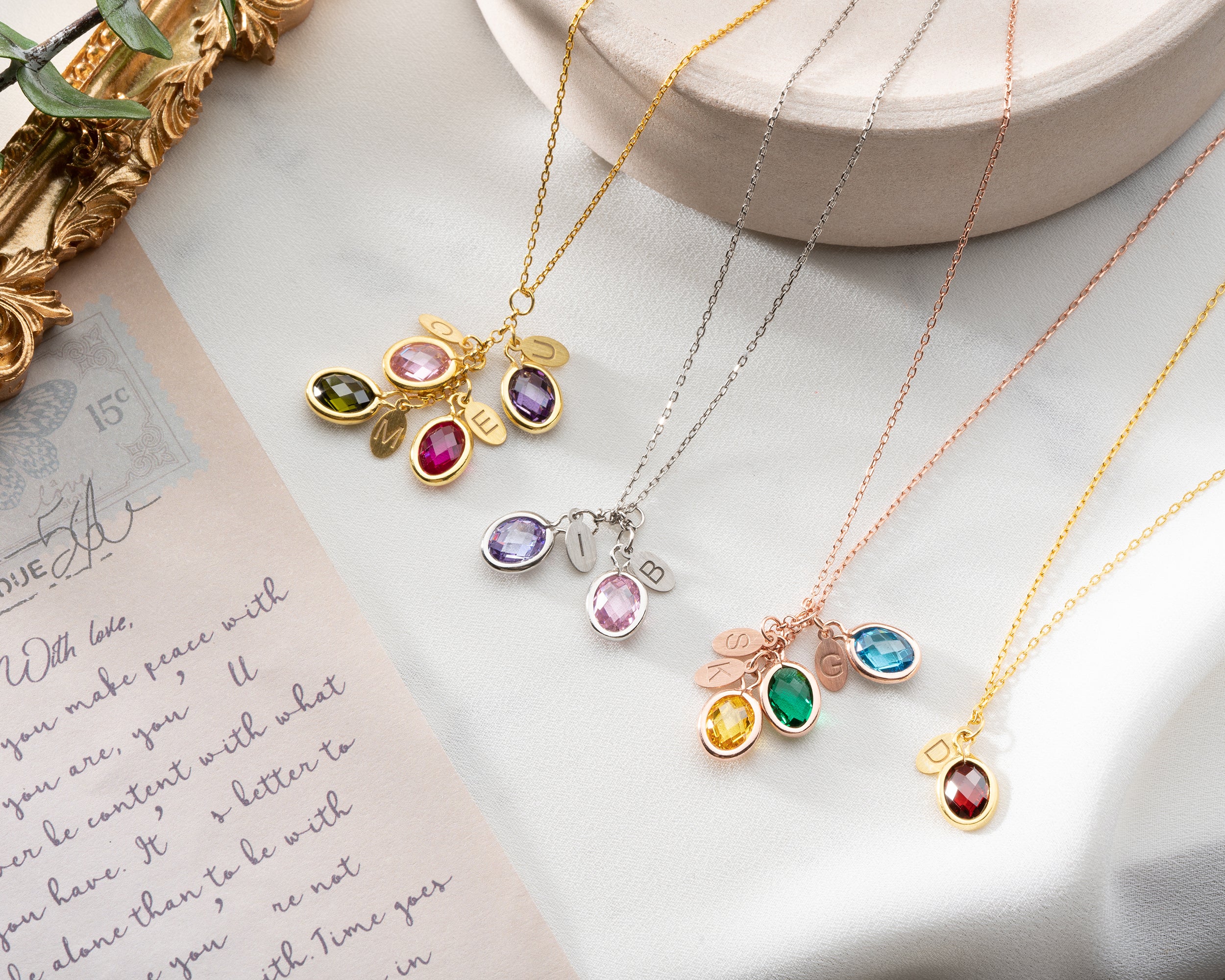 Custom Birthstone Initial Charm Necklace