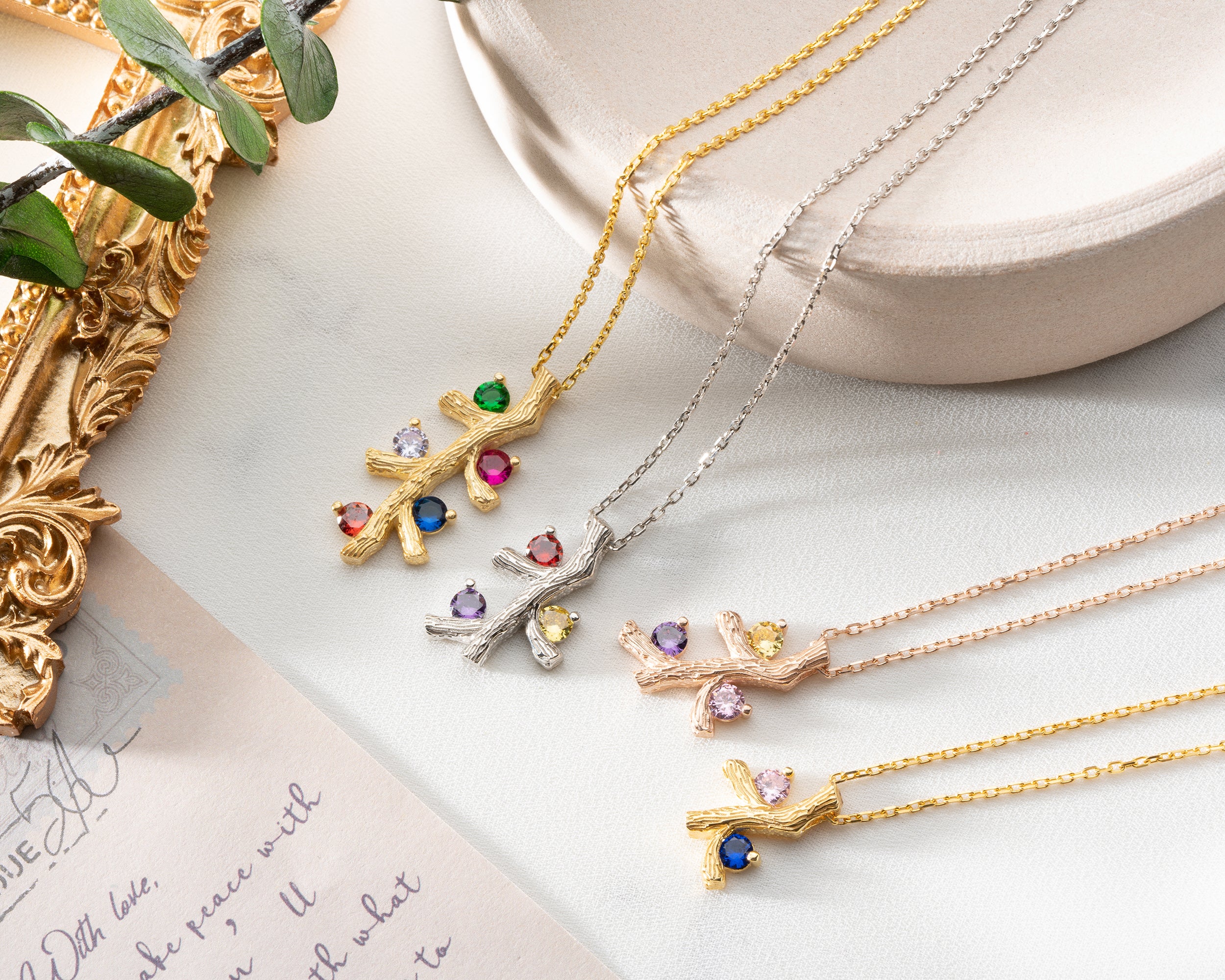 Custom Birthstone Family Tree Branch Necklace