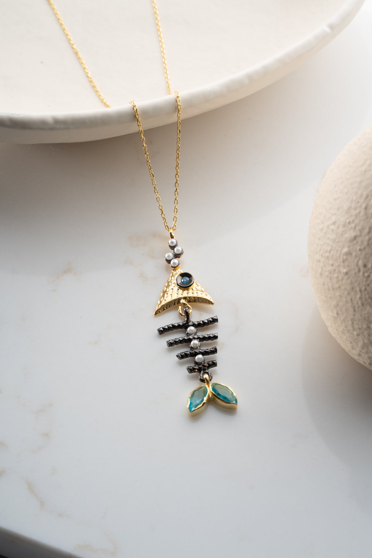 Fish Skeleton Pendant Necklace in Gold