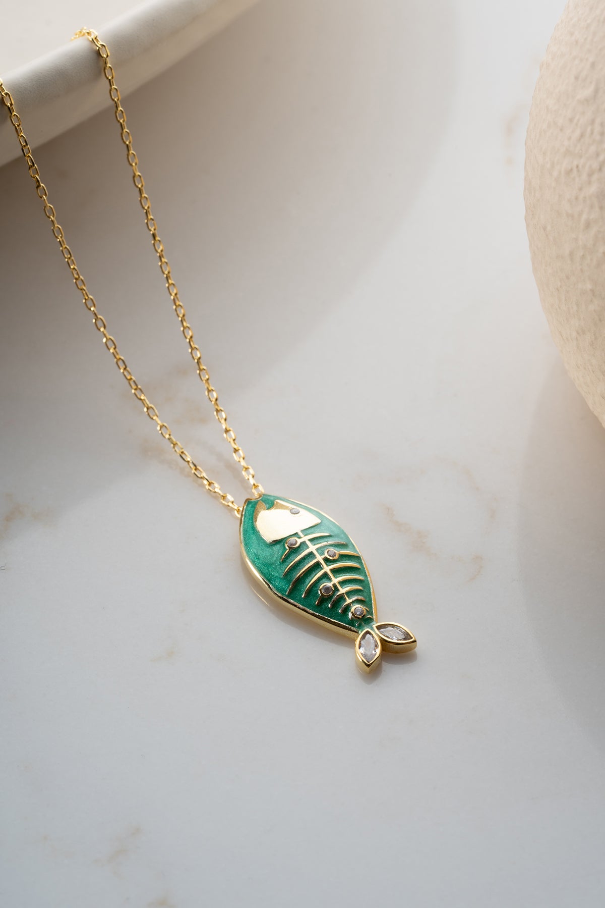 Green Enamel Fish Pendant Necklace