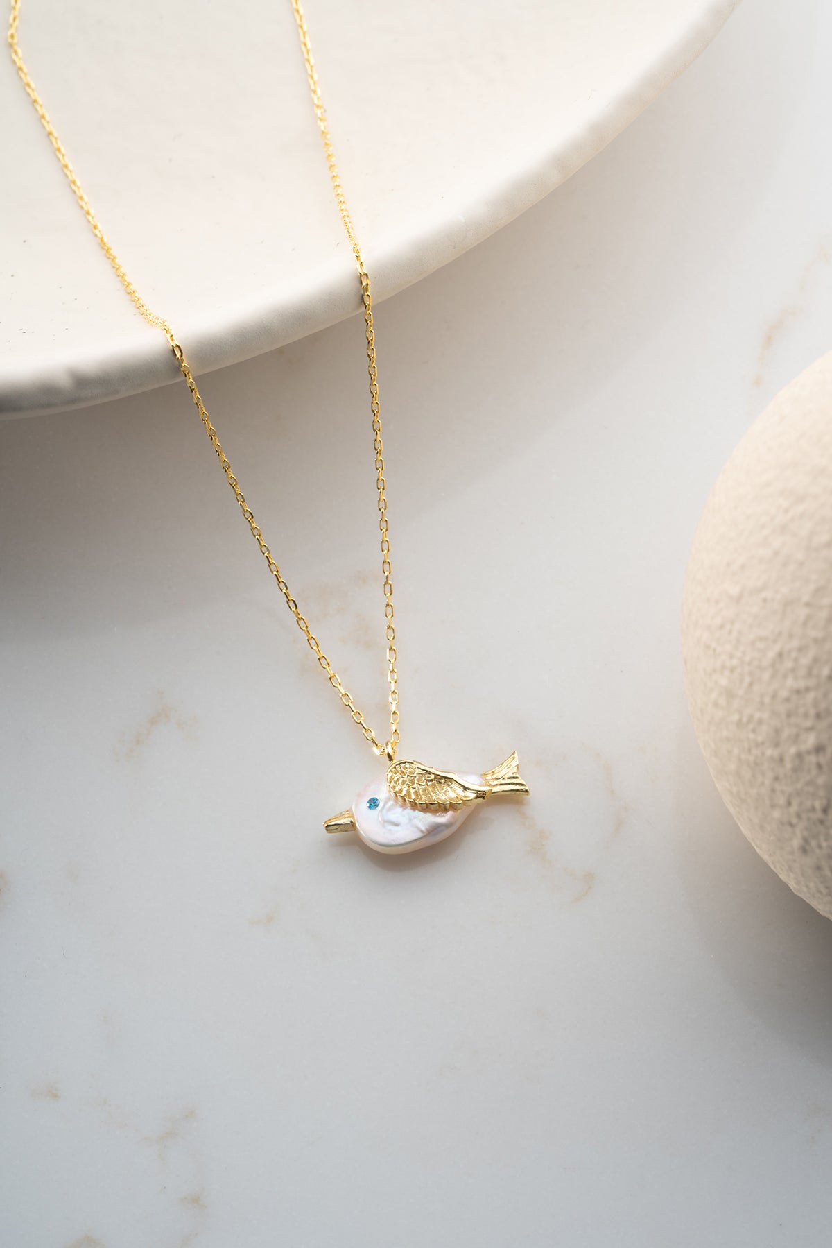 Pearl Bird Charm Necklace in Gold