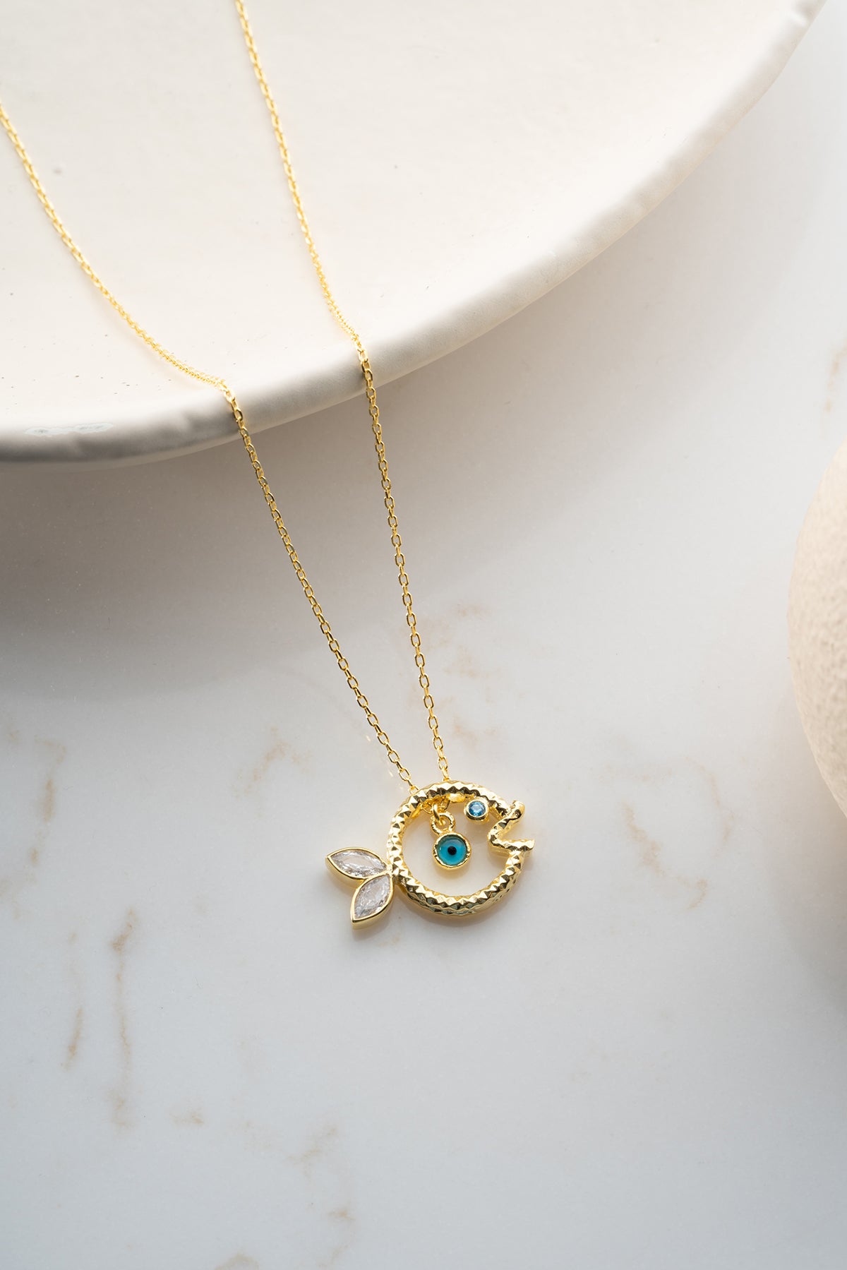 Gold Fish Evil Eye Charm Necklace