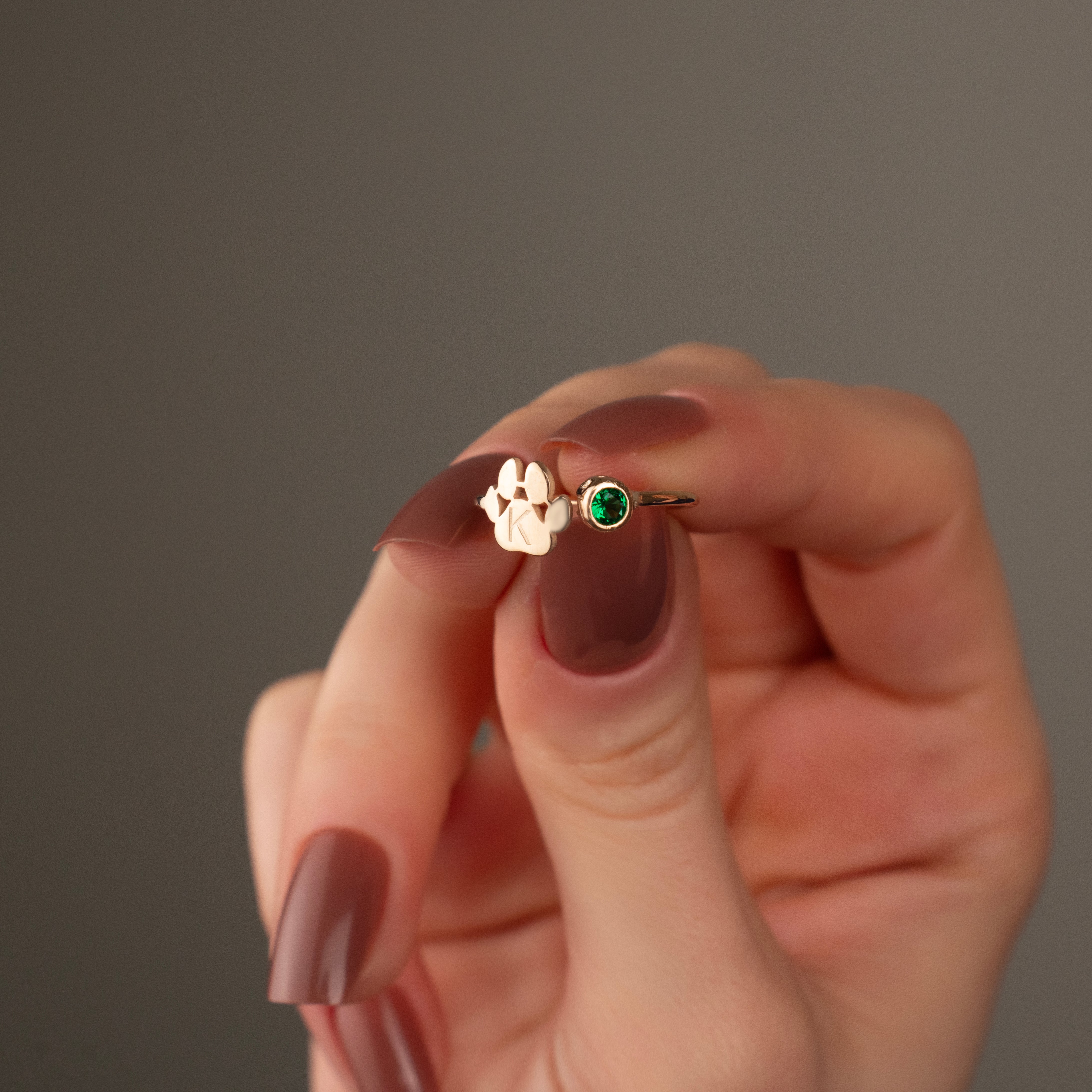 Custom Paw Print Initial Birthstone Ring