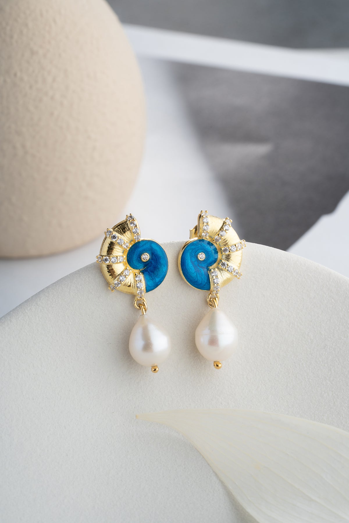 Nautilus Shell Pearl Drop Earrings