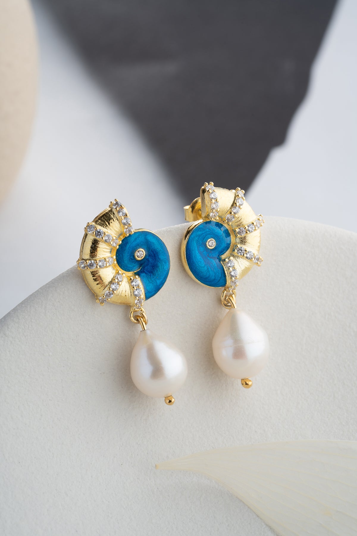 Nautilus Shell Pearl Drop Earrings