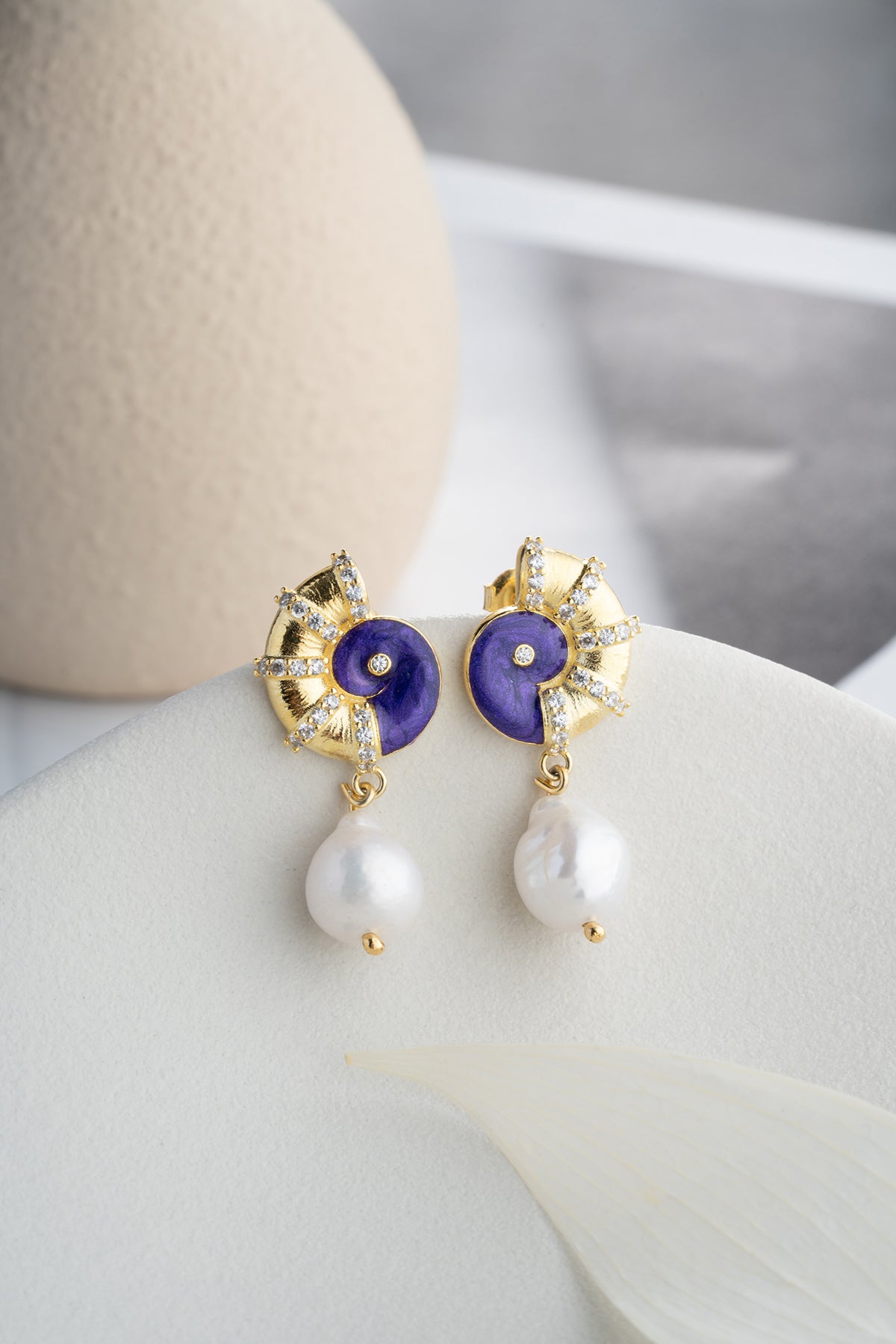 Nautilus Shell Pearl Drop Earrings