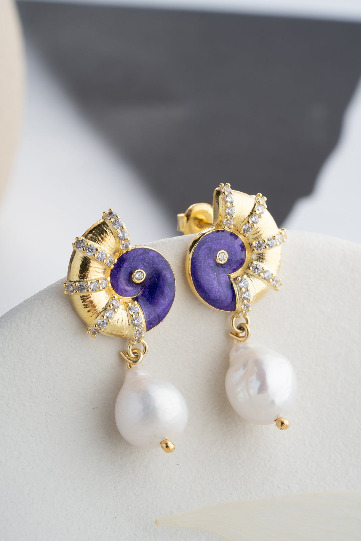 Nautilus Shell Pearl Drop Earrings