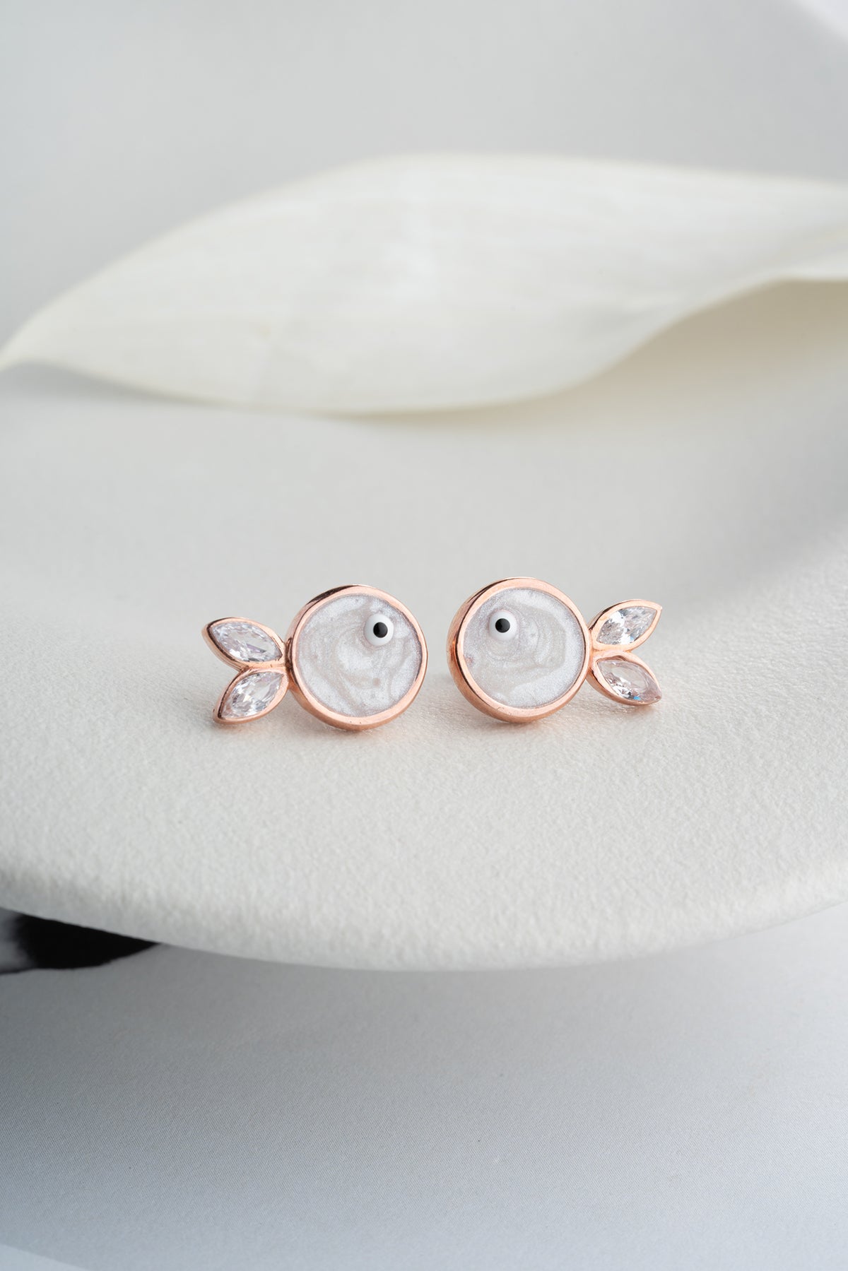Mother of Pearl Fish Stud Earrings Rose Gold