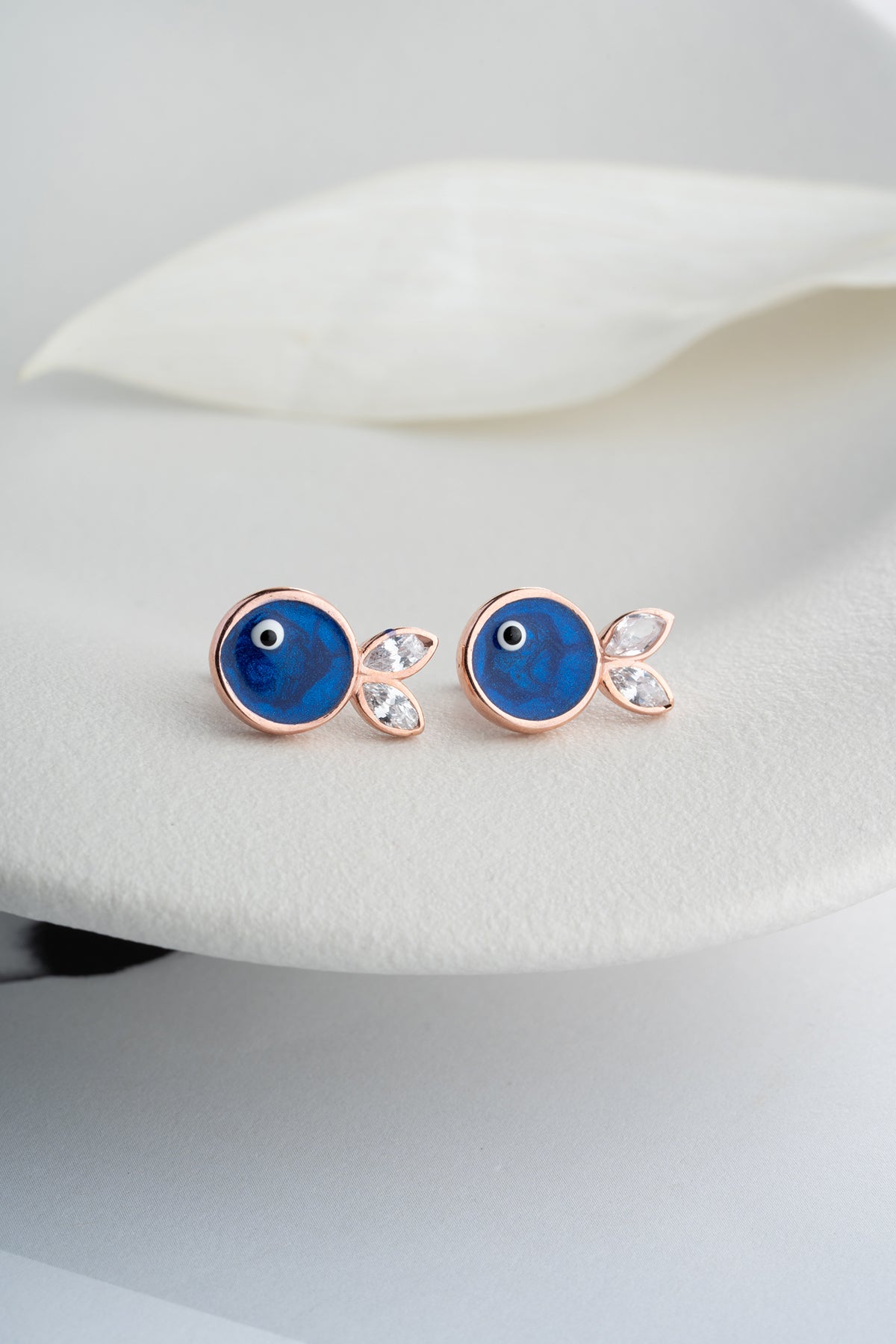 Evil Eye Fish Stud Earrings in Rose Gold