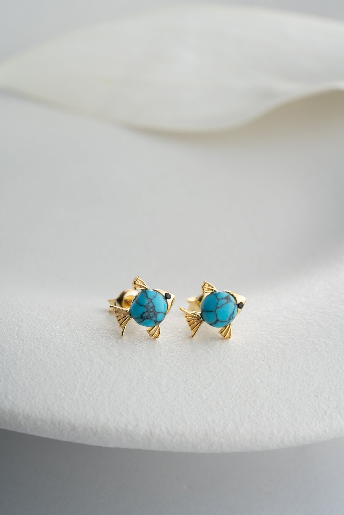 Turquoise Fish Stud Earrings in Gold