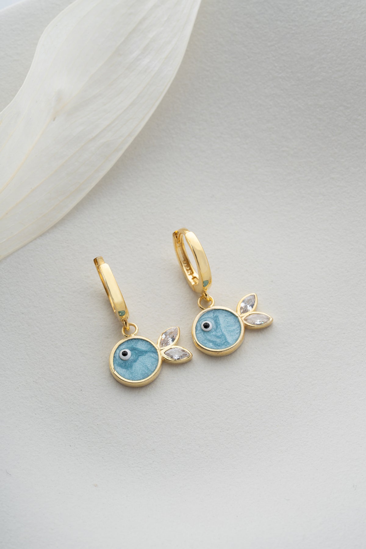 Blue Enamel Fish Charm Hoop Earrings