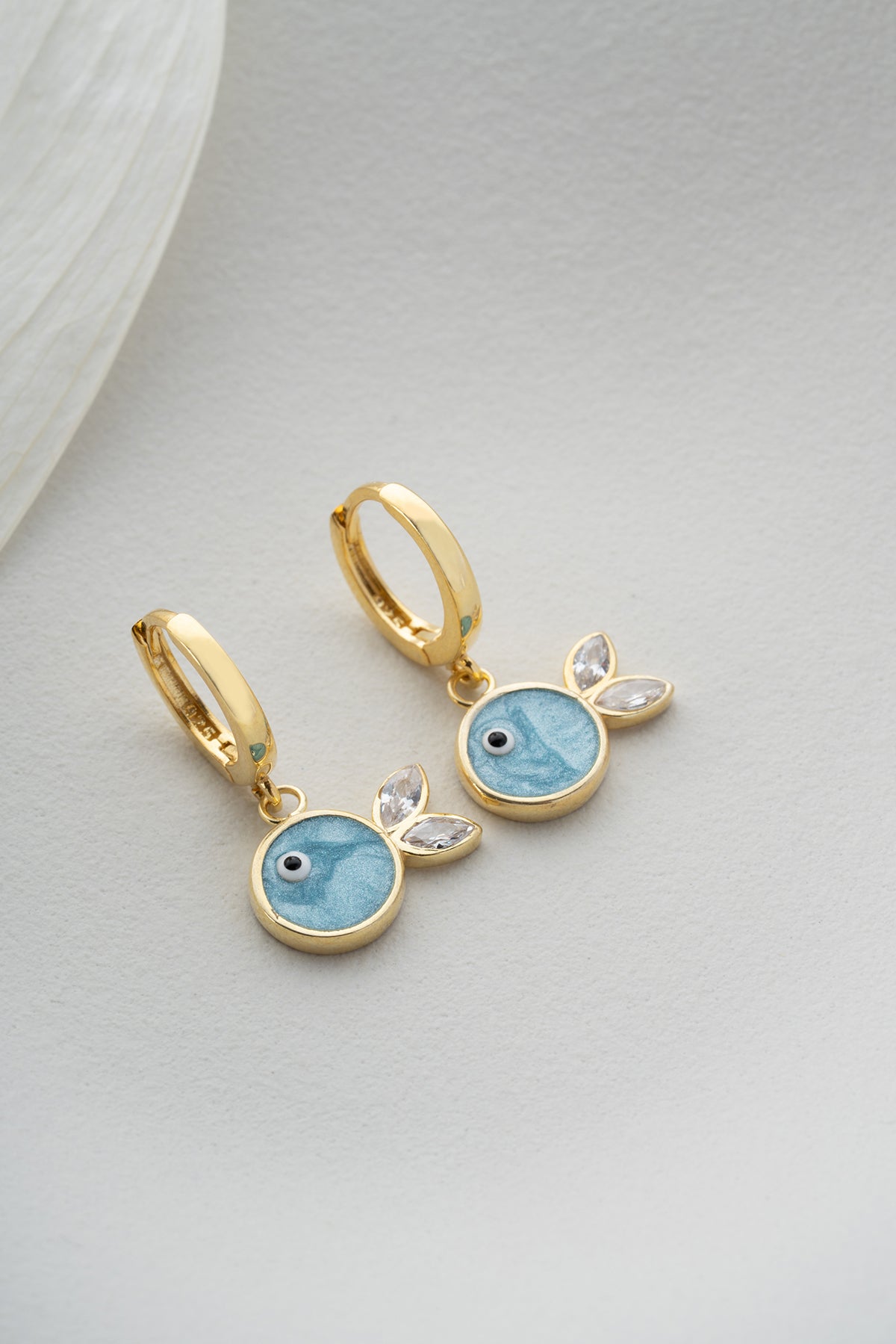 Blue Enamel Fish Charm Hoop Earrings