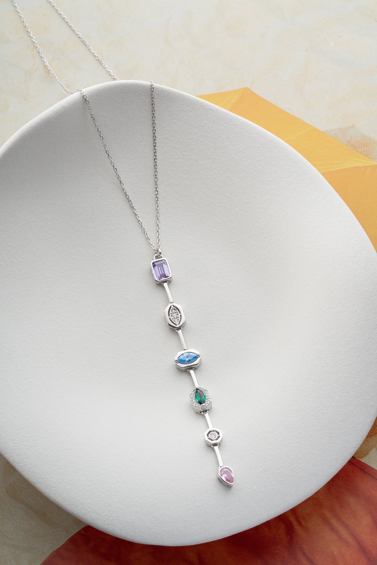 Multi Gemstone Drop Lariat Necklace