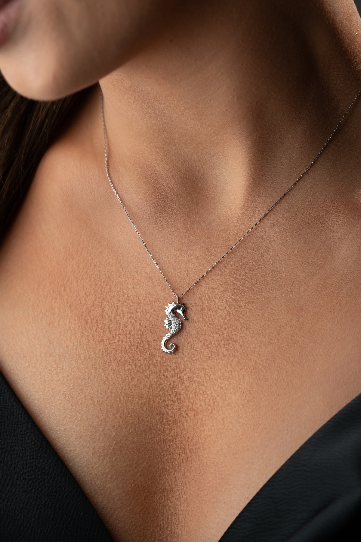 Pave Seahorse Pendant Necklace in Silver