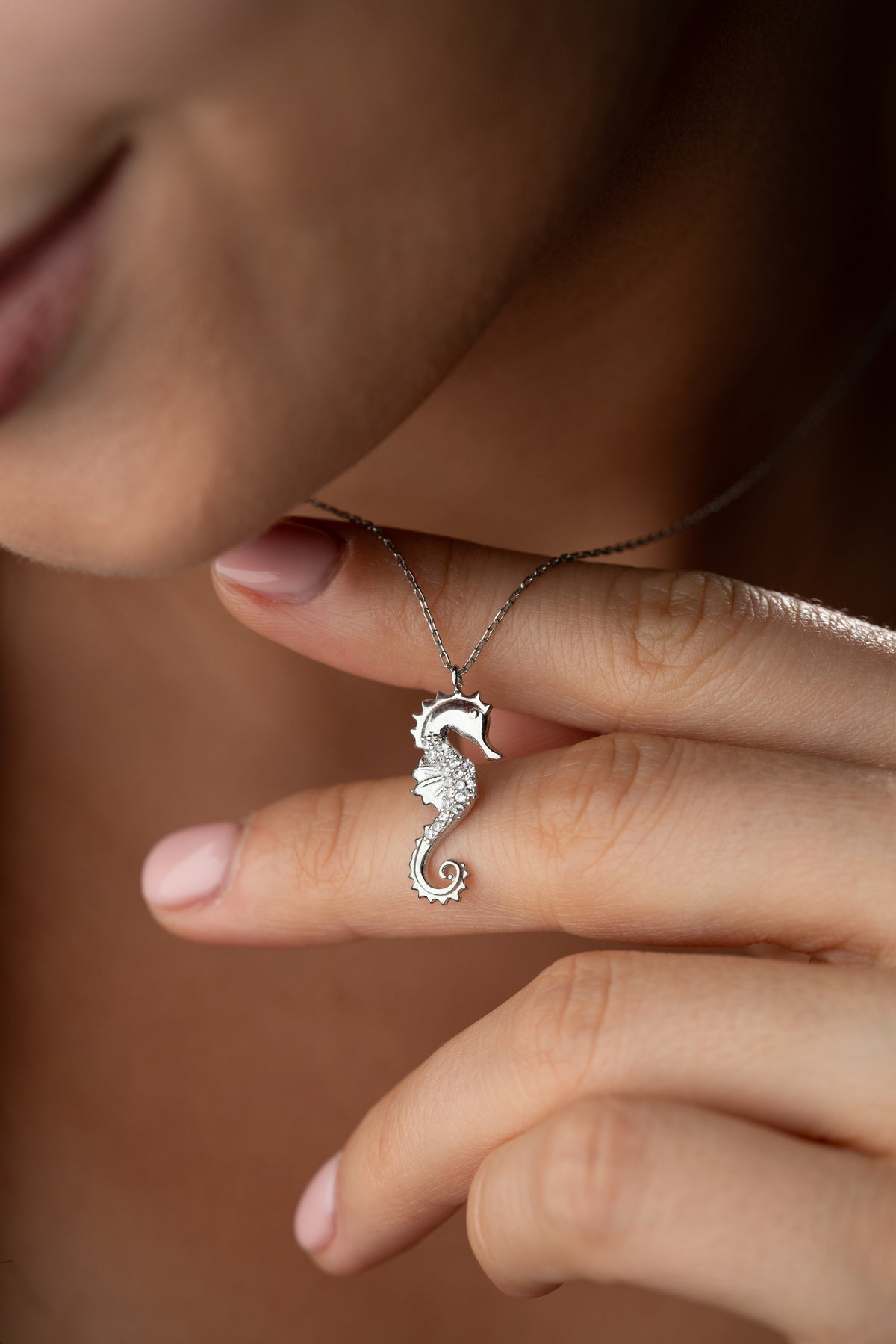 Pave Seahorse Pendant Necklace in Silver