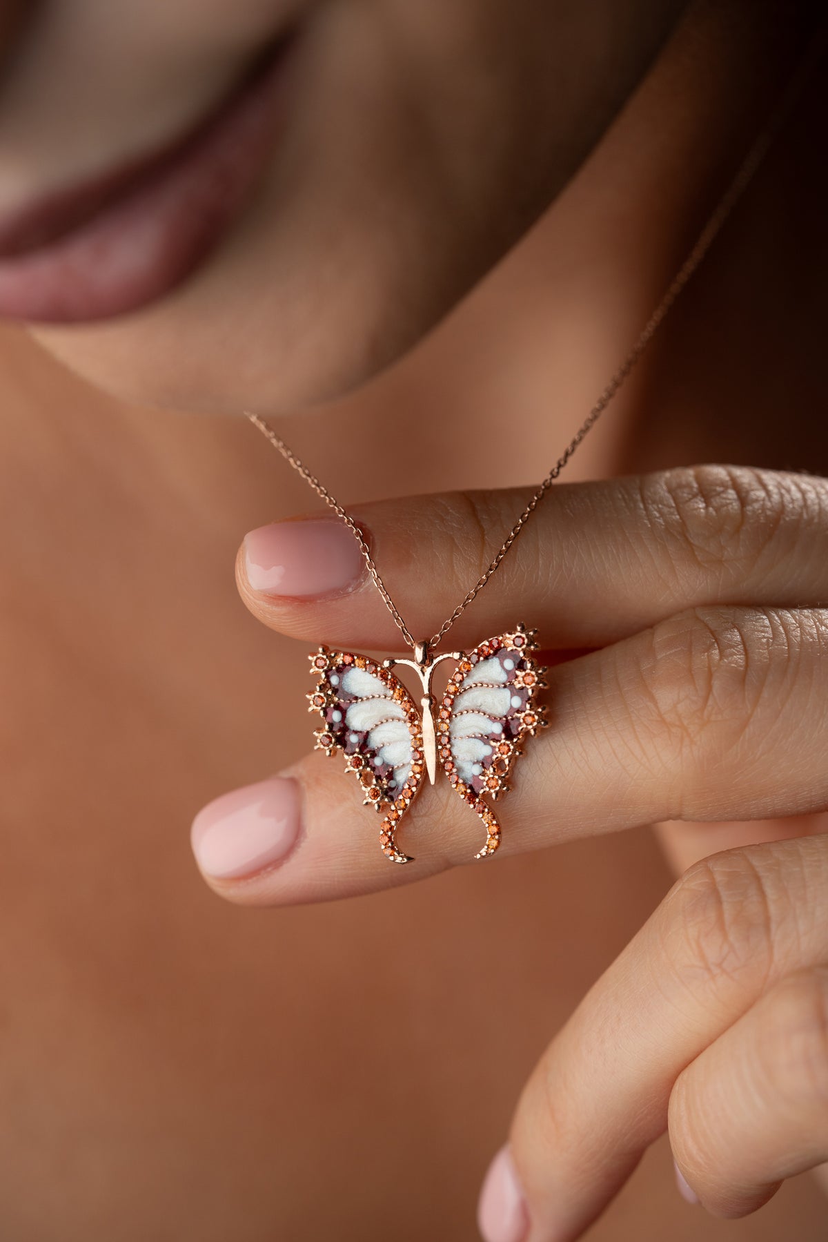 Rose Gold Garnet Butterfly Necklace