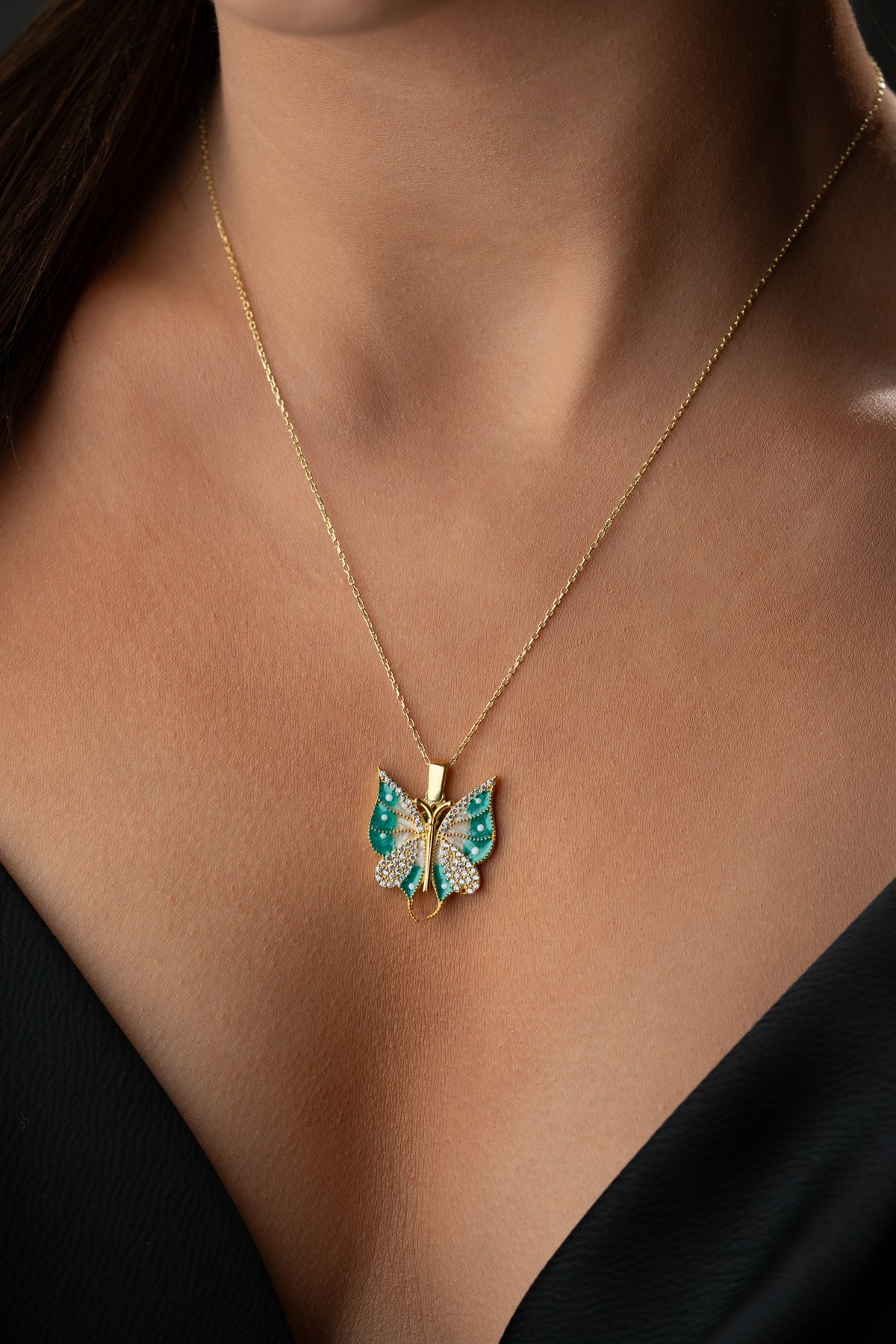 Green Enamel Butterfly Pendant Necklace