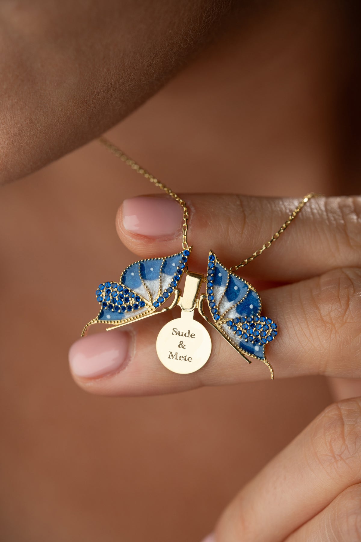 Blue Enamel Butterfly Pendant Necklace