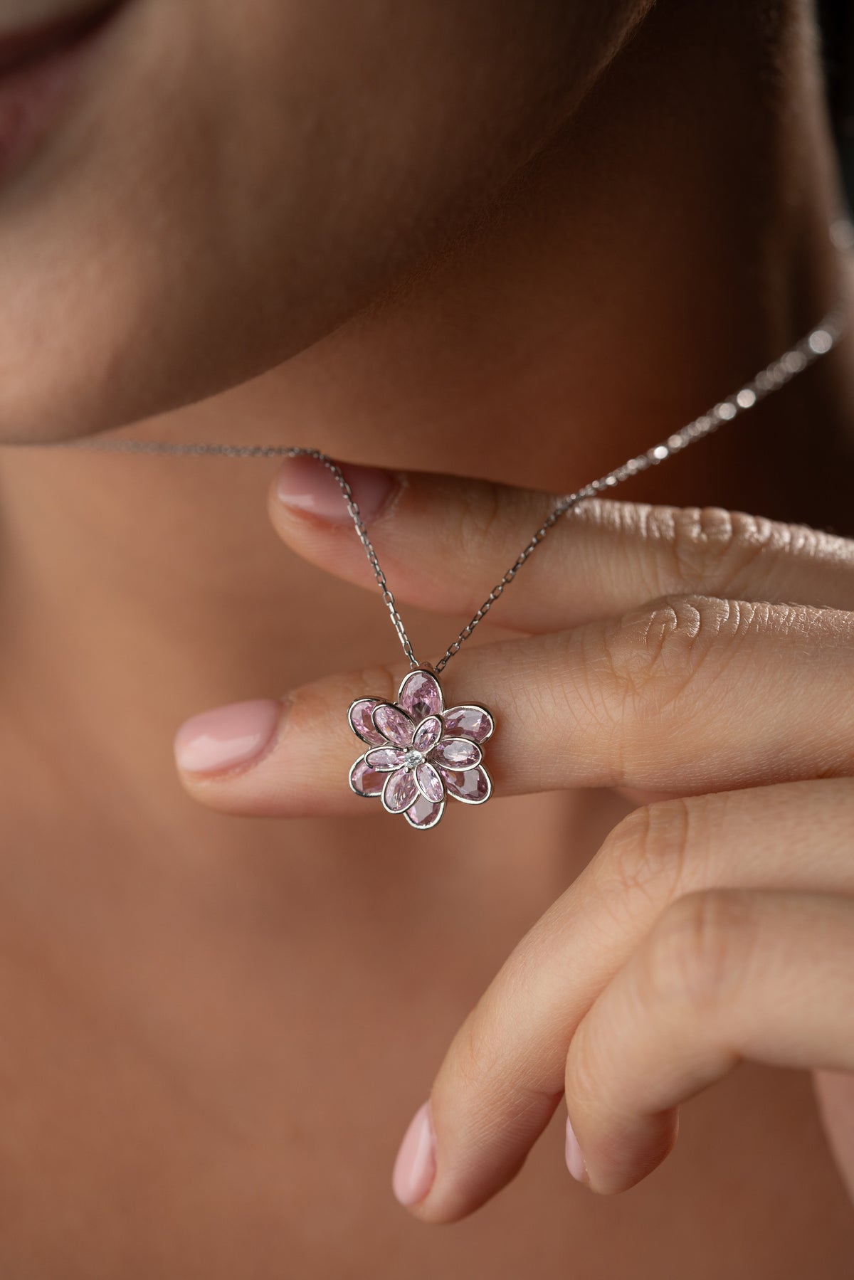 Pink Crystal Flower Pendant Necklace