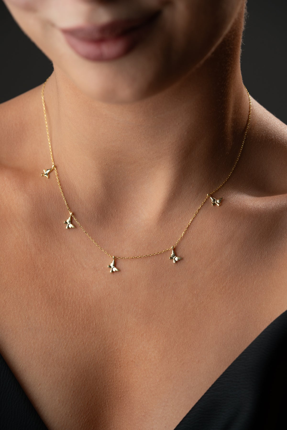 Butterfly Charm Station Necklace in Gold