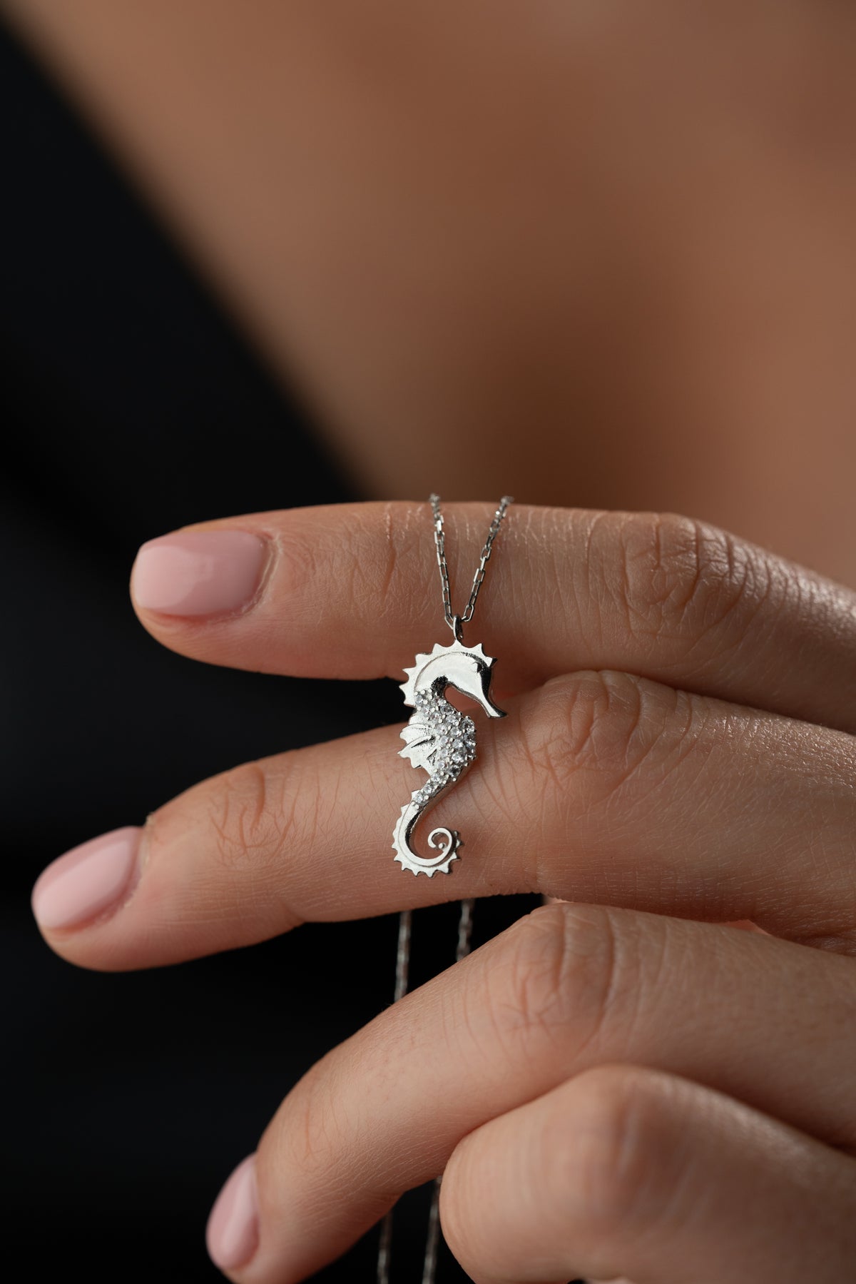 Pave Seahorse Pendant Necklace in Silver