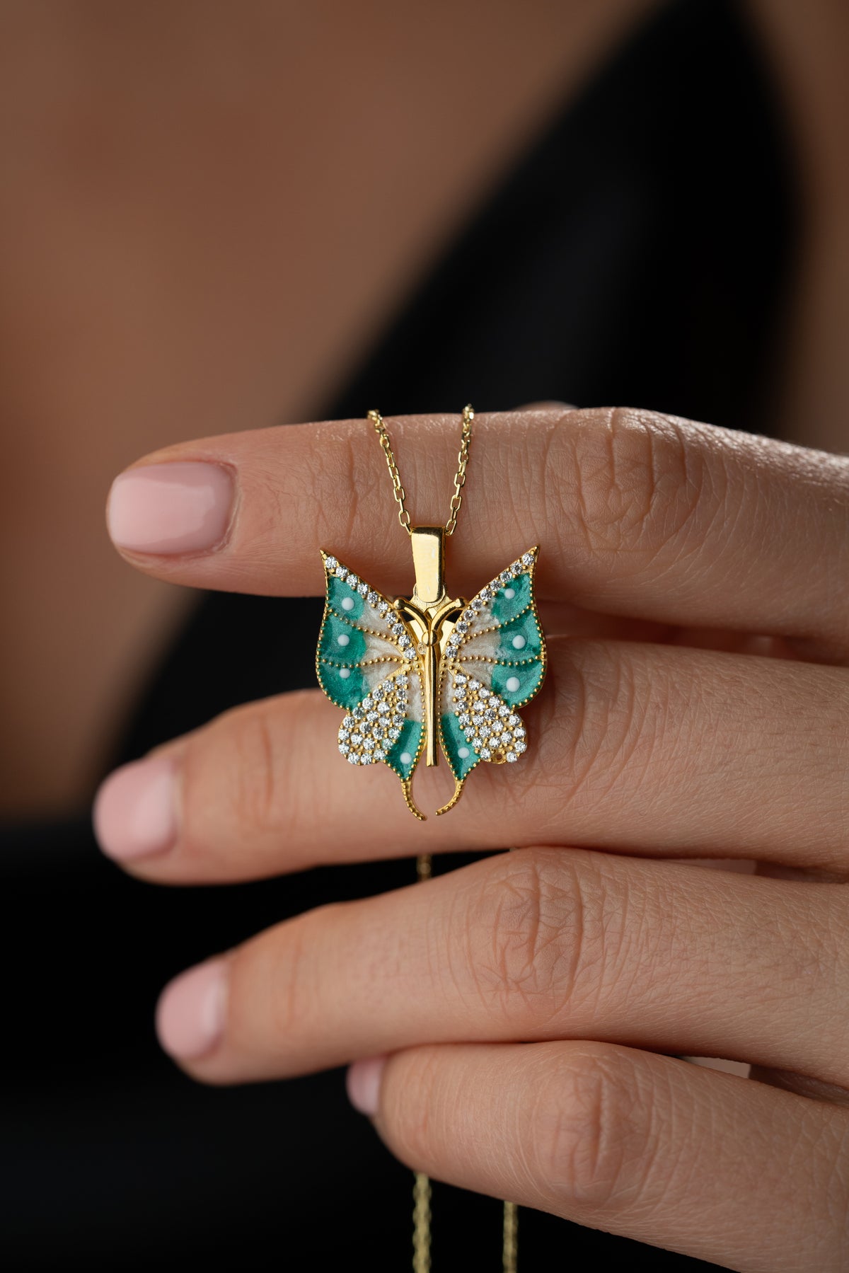 Green Enamel Butterfly Pendant Necklace