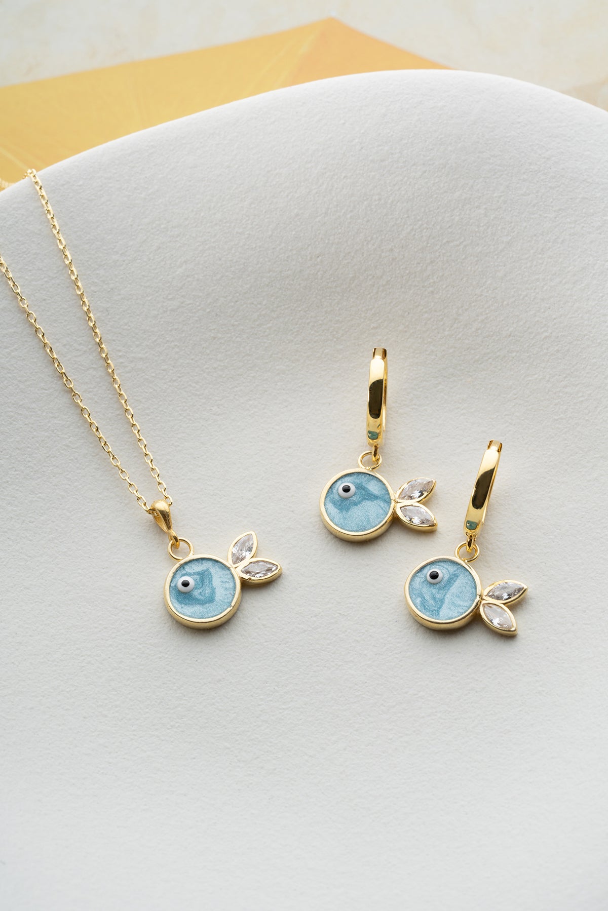 Blue Enamel Fish Charm Necklace and Earring Set