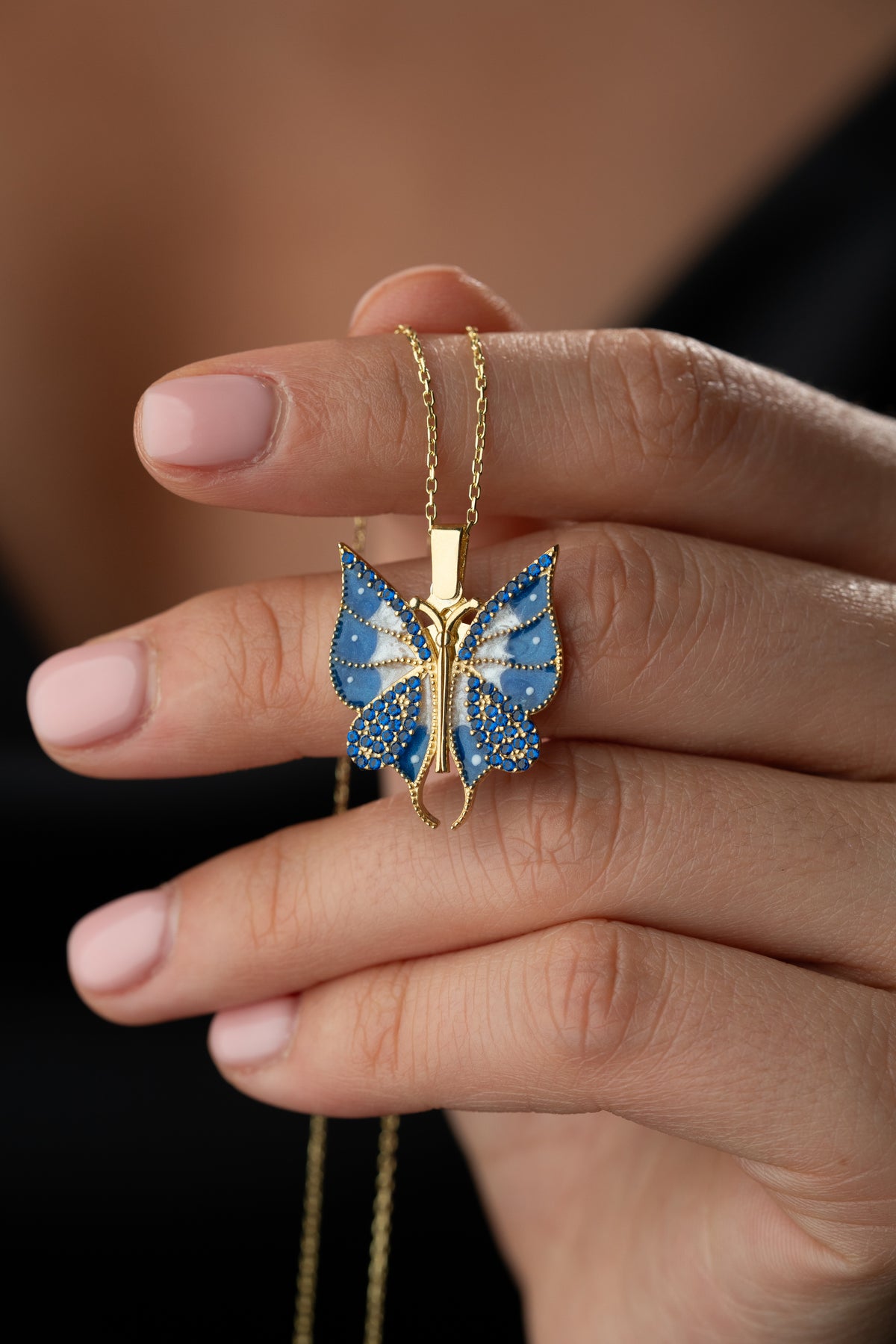 Blue Enamel Butterfly Pendant Necklace