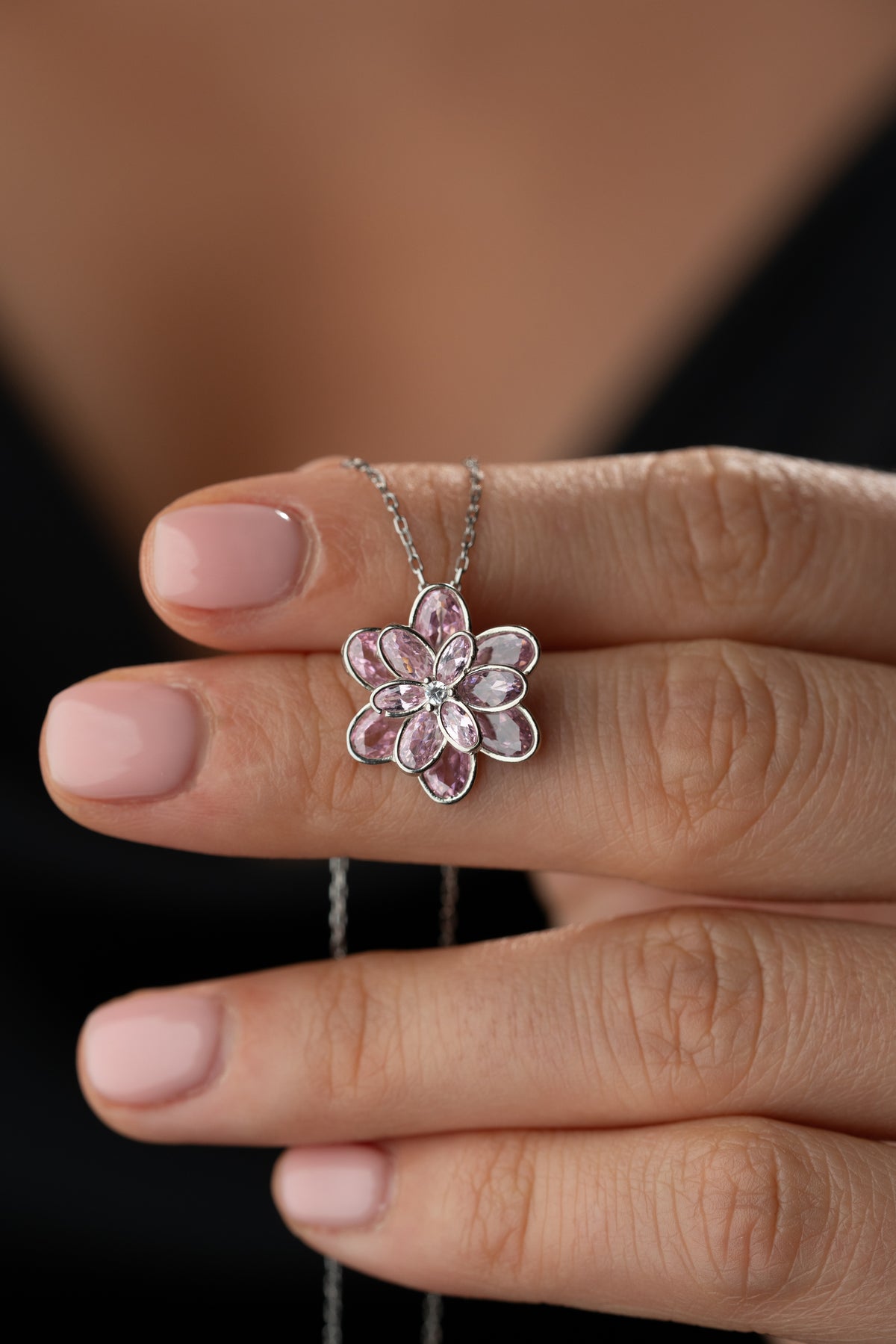 Pink Crystal Flower Pendant Necklace