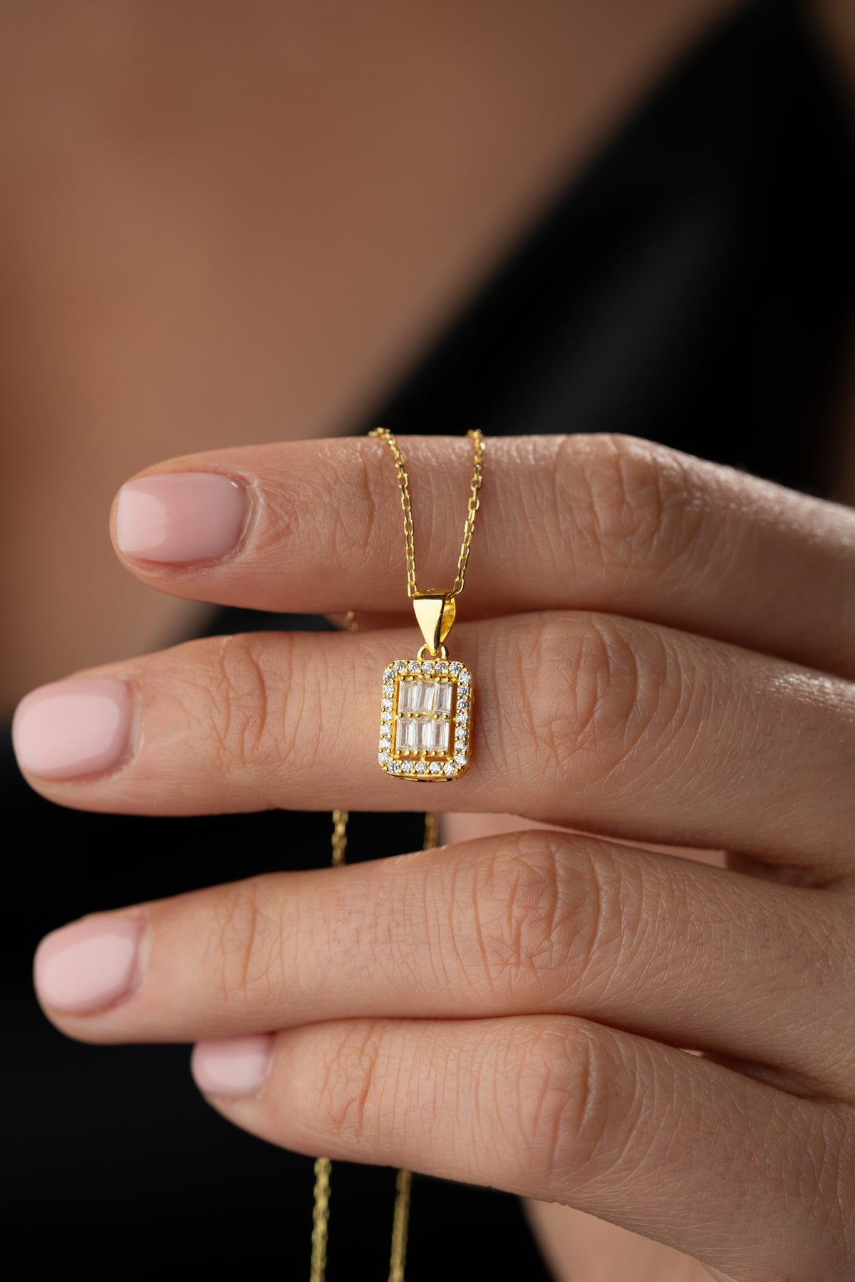 Baguette Crystal Halo Pendant Necklace