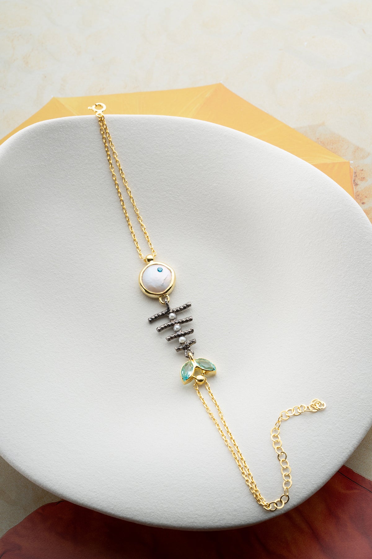 Fish Bone Pearl Charm Bracelet in Gold