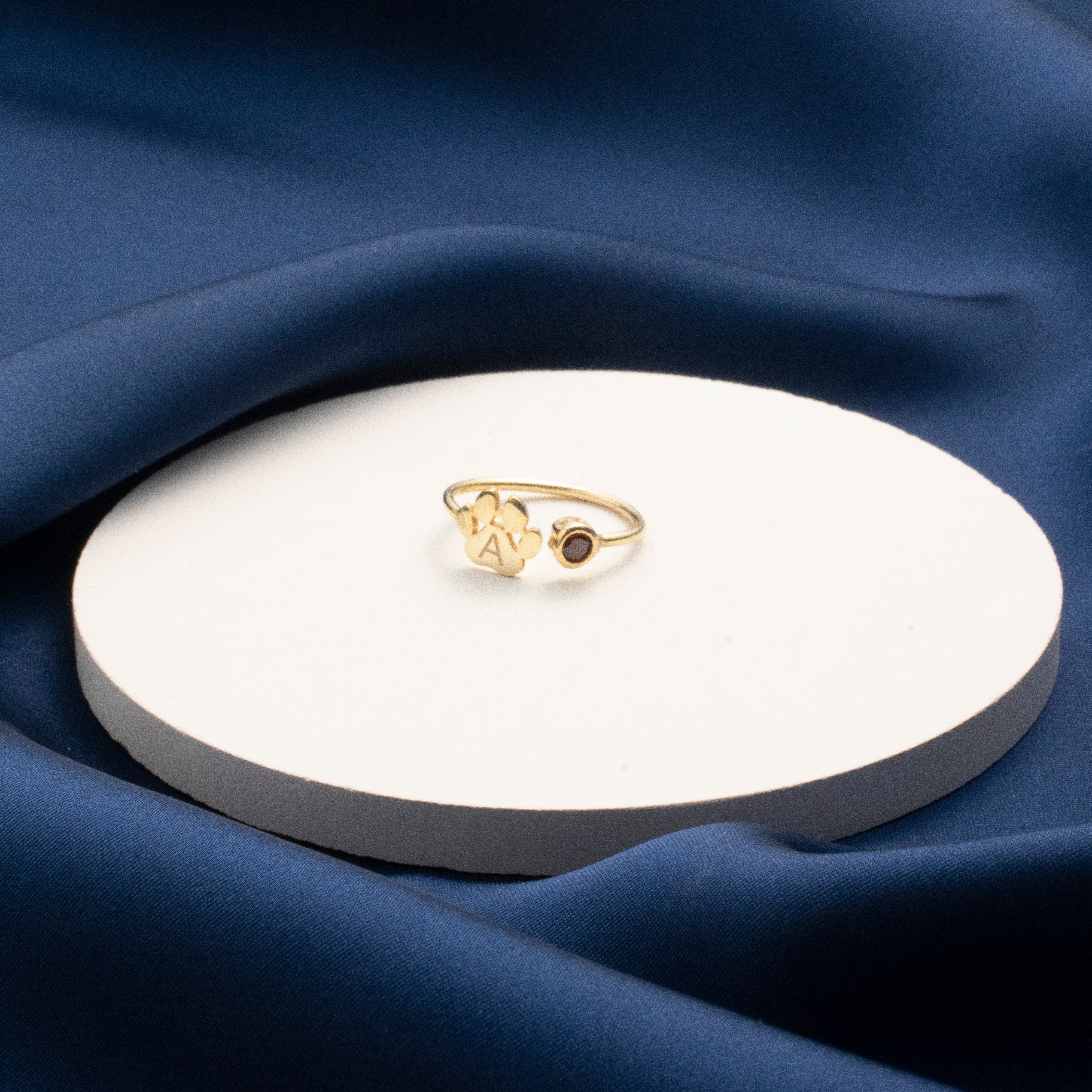 Custom Paw Print Initial Birthstone Ring